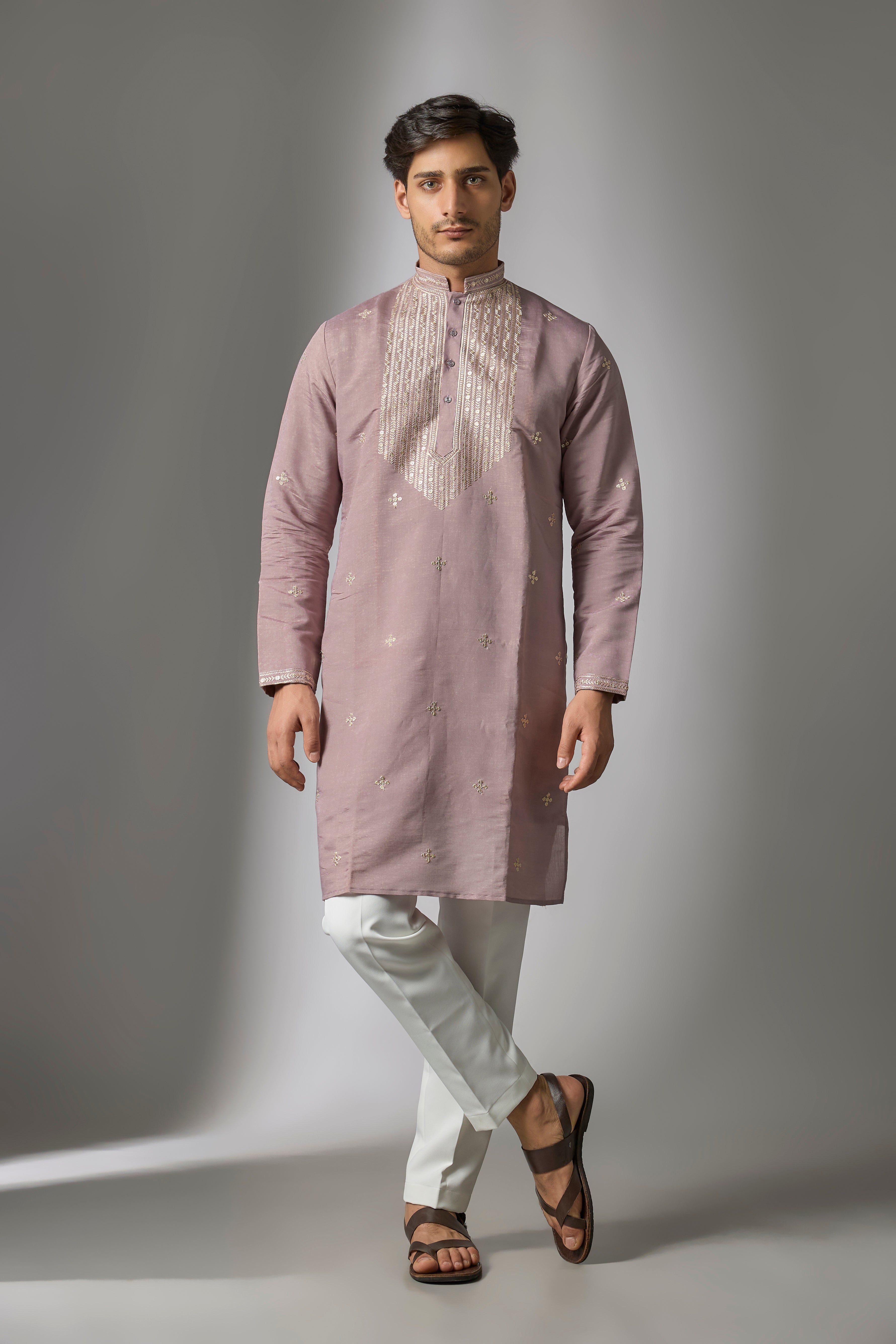 Lavender Cotton Silk Sequins Embroidered Kurta Set