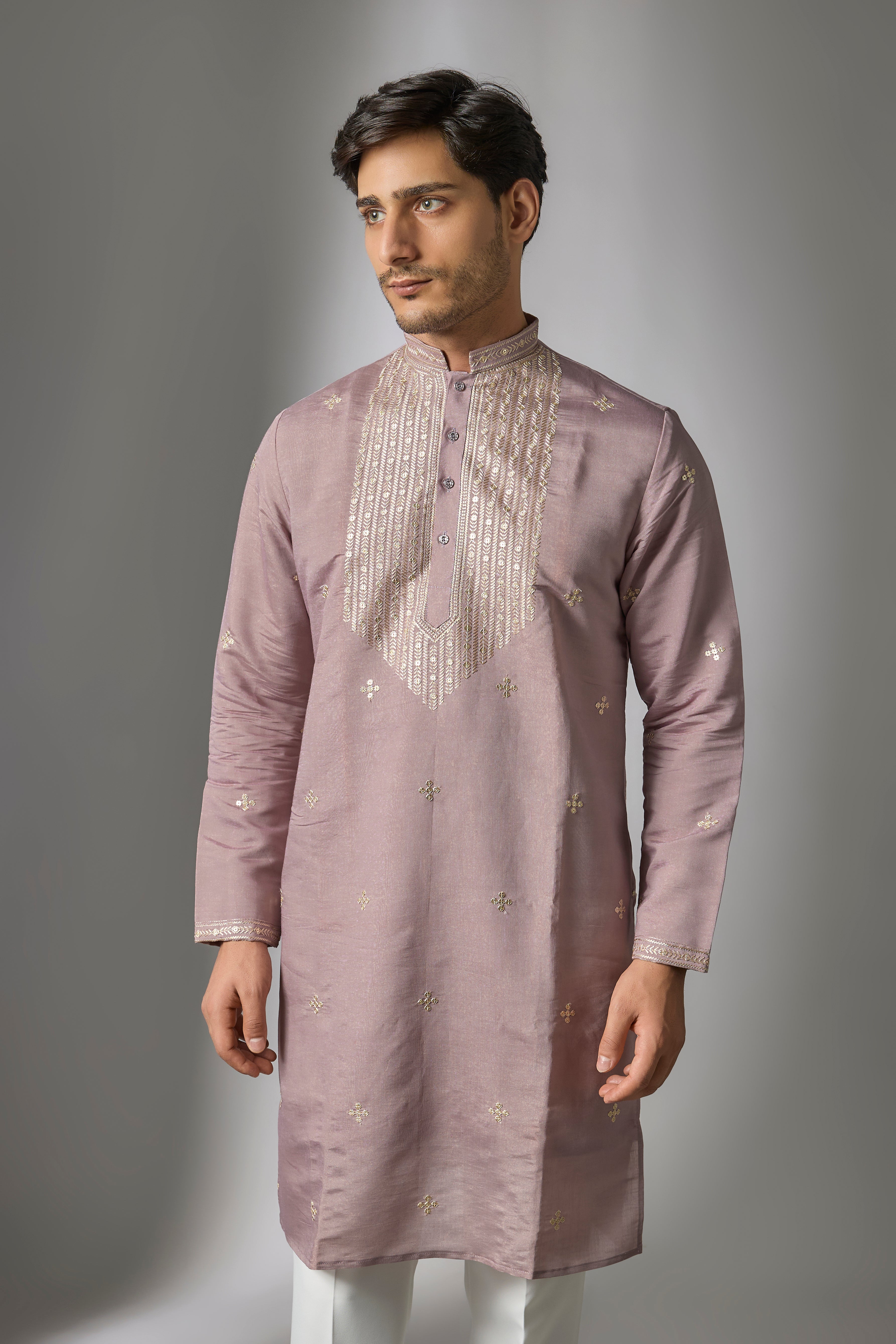 Lavender Cotton Silk Sequins Embroidered Kurta Set
