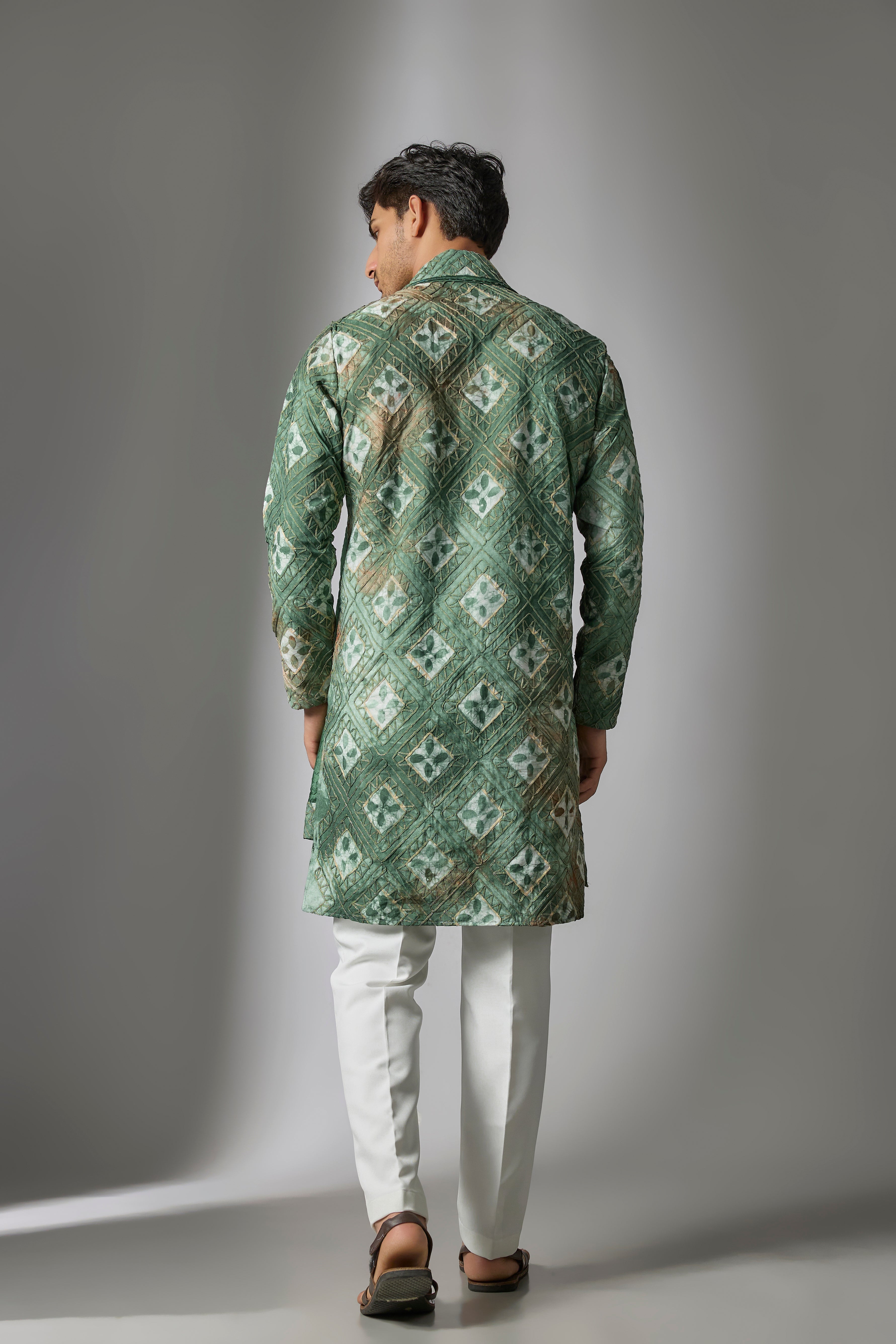 Green Tie-Dye Cotton Silk Machine Embroidered Kurta Set