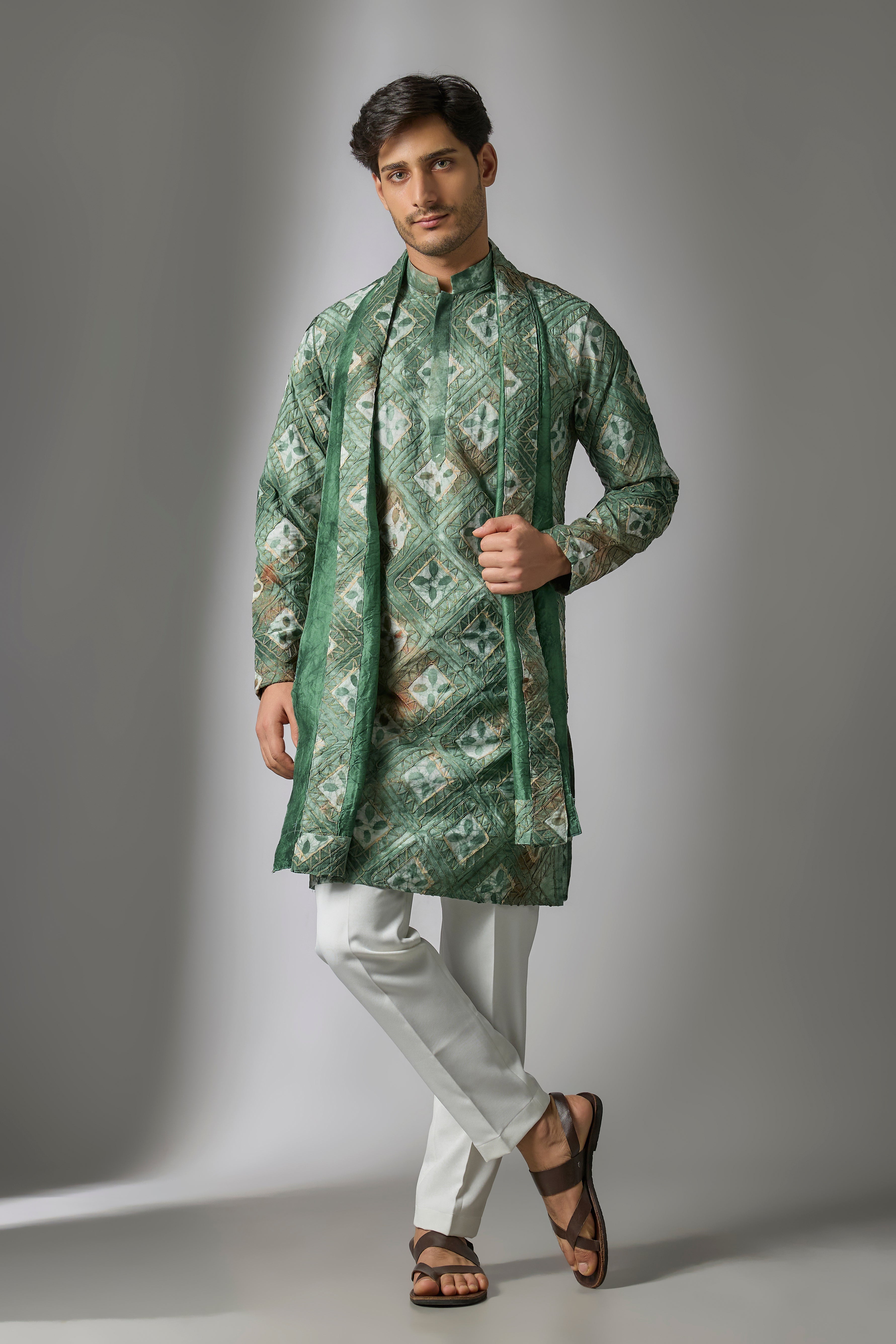 Green Tie-Dye Cotton Silk Machine Embroidered Kurta Set
