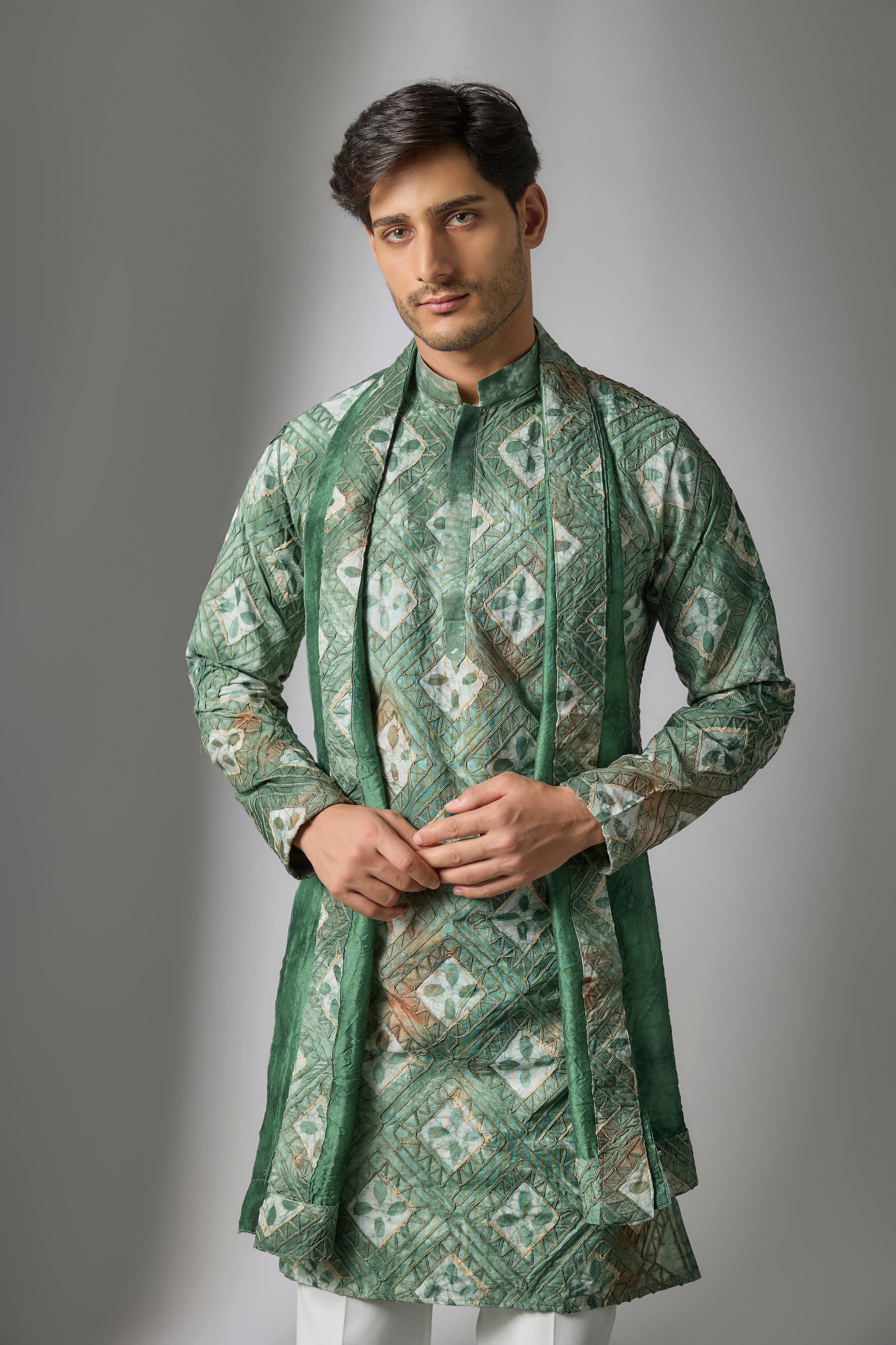 Green Tie-Dye Cotton Silk Machine Embroidered Kurta Set