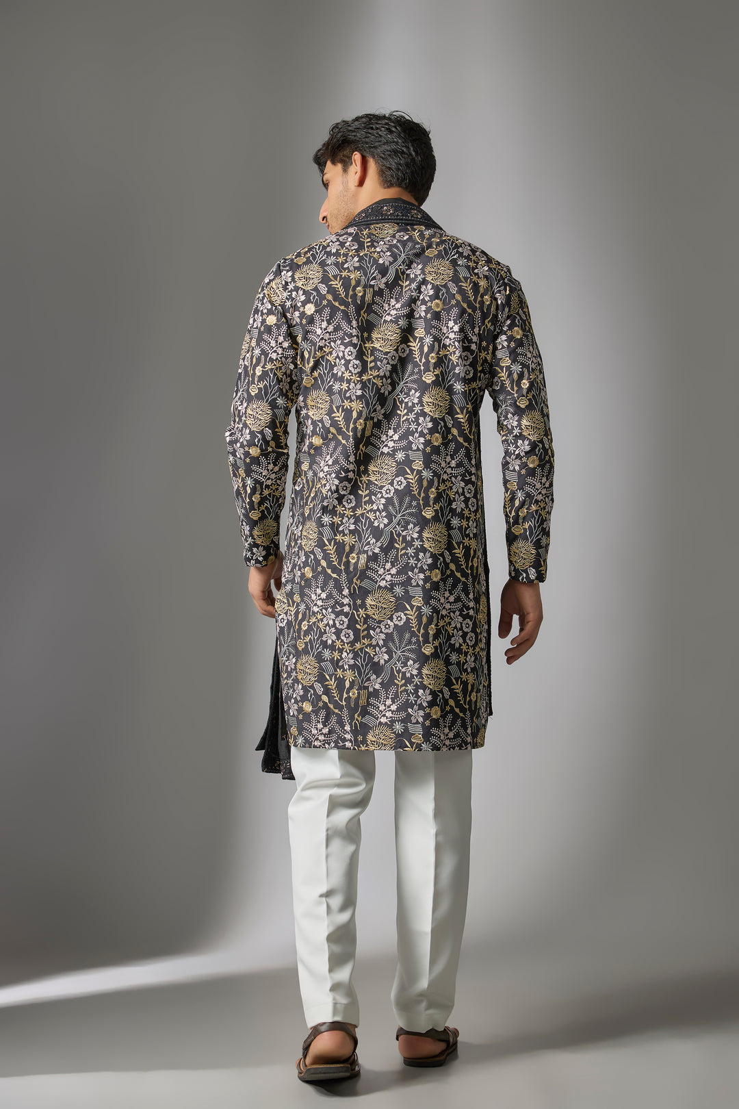 Abees Black cotton silk threadwork kurta set - back view