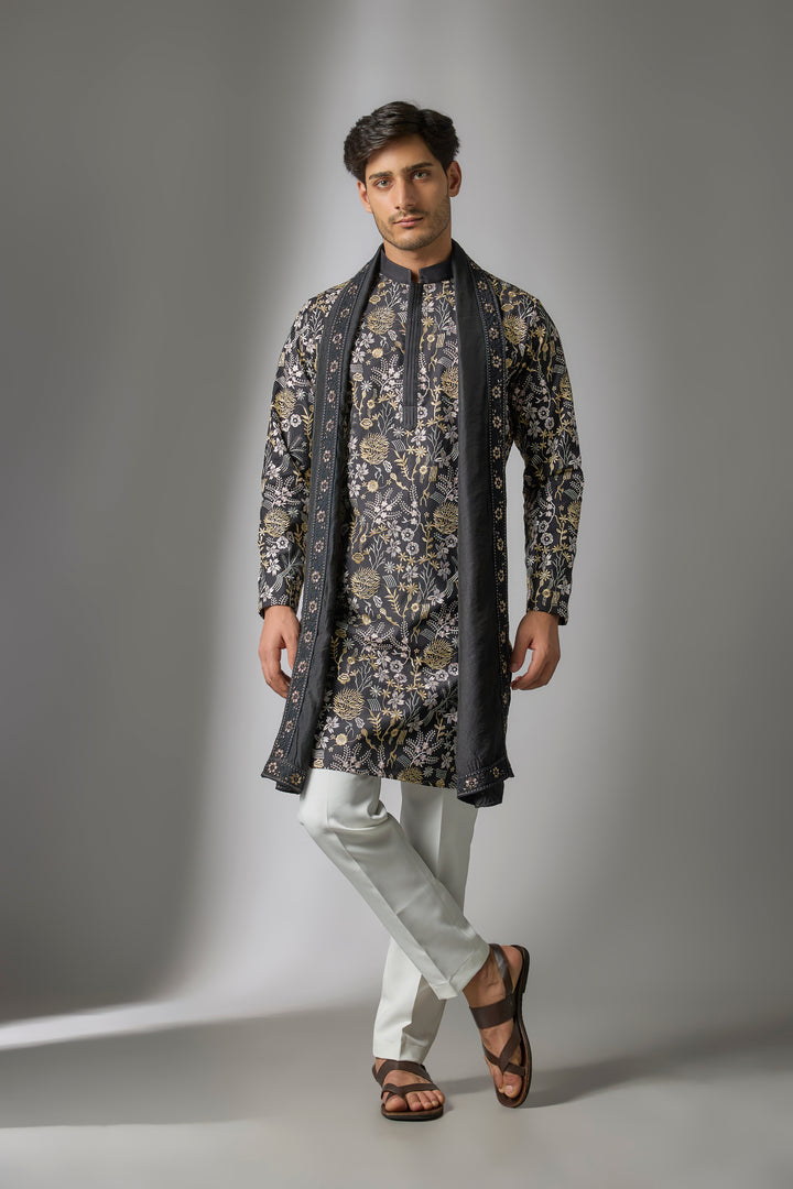 Abees Black cotton silk threadwork kurta set - front view