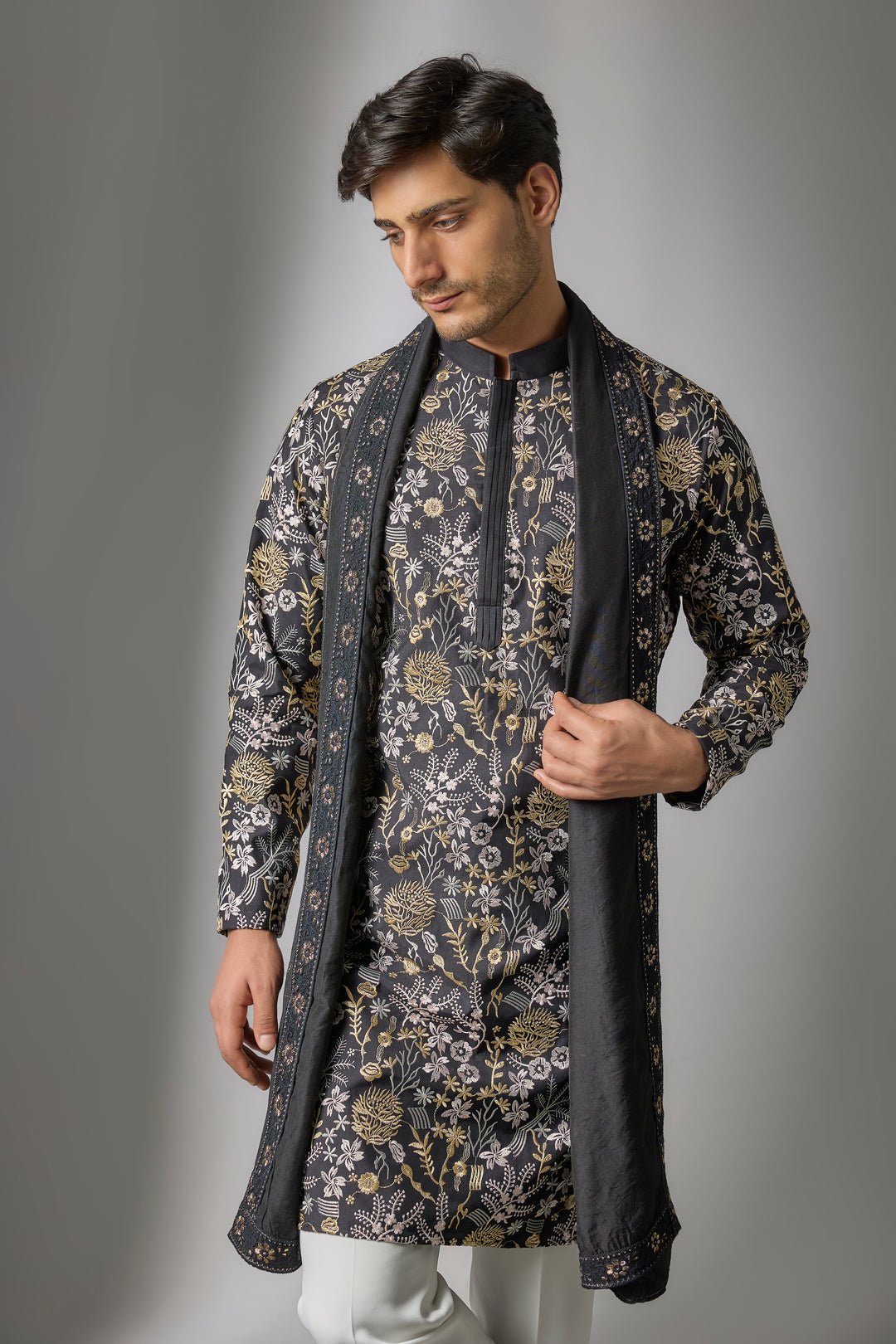 Abees Black cotton silk threadwork kurta set - side view