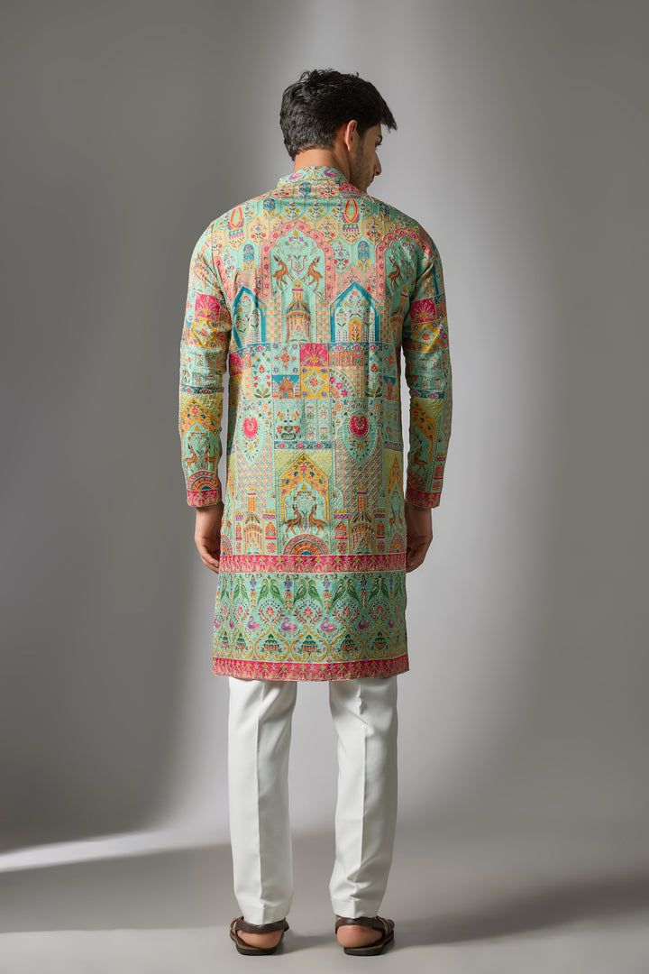 Abees Green cotton silk printed embroidered kurta set - back view