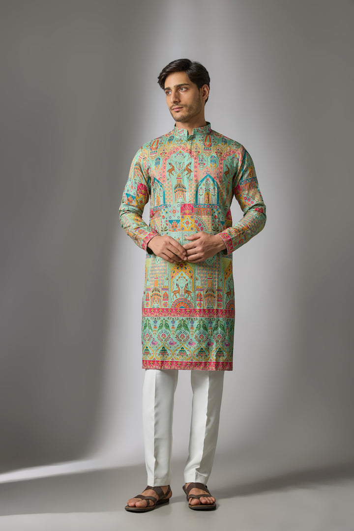 Abees Green cotton silk printed embroidered kurta set - front view