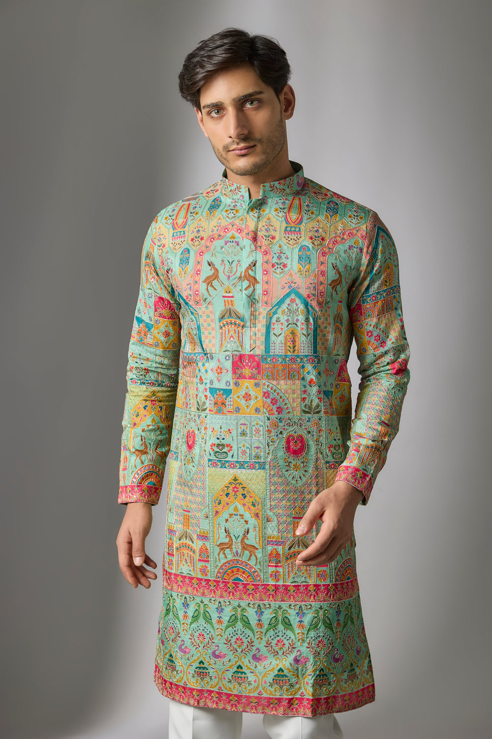 Abees Green cotton silk printed embroidered kurta set - side view