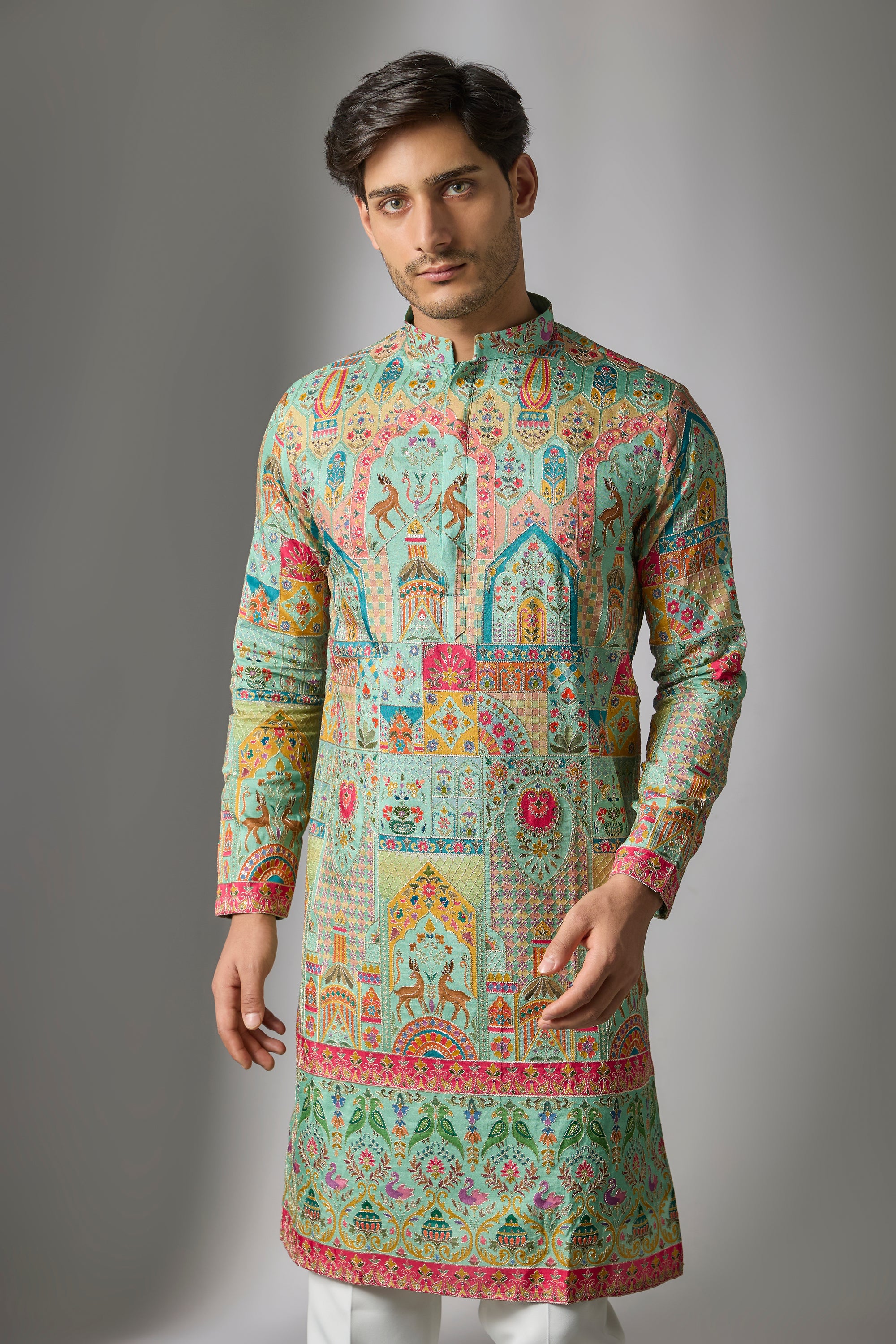 Abees Green cotton silk printed embroidered kurta set - side view
