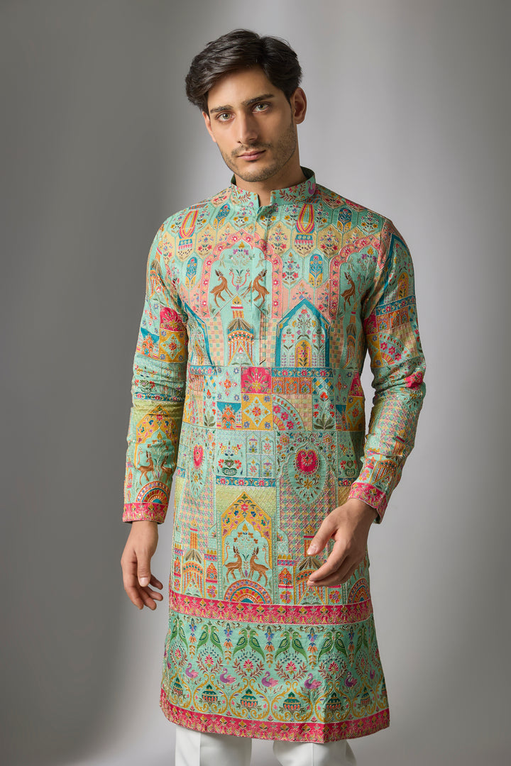Abees Green cotton silk printed embroidered kurta set - side view