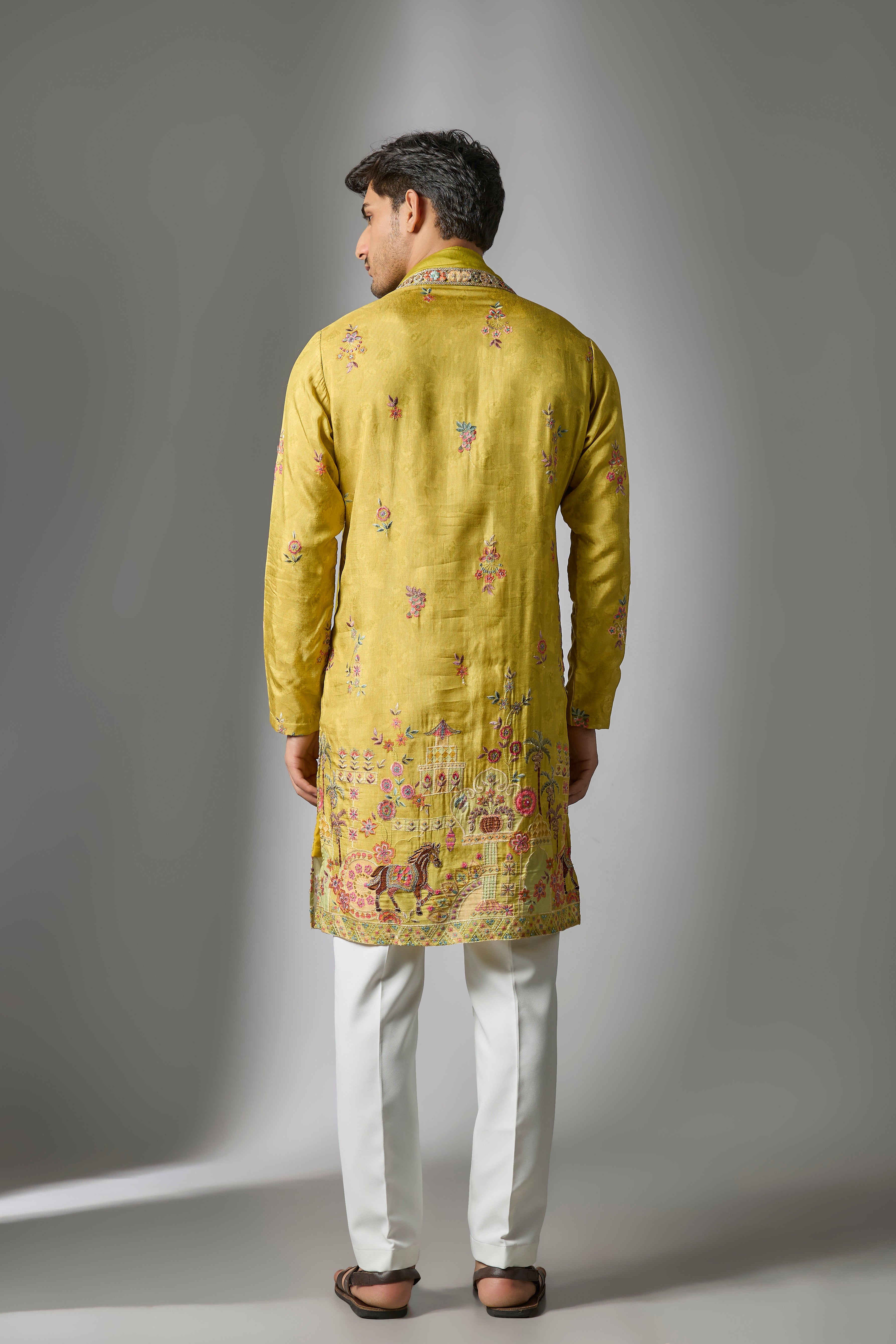 Yellow Cotton Silk Printed & Zari Embroidered Kurta Set