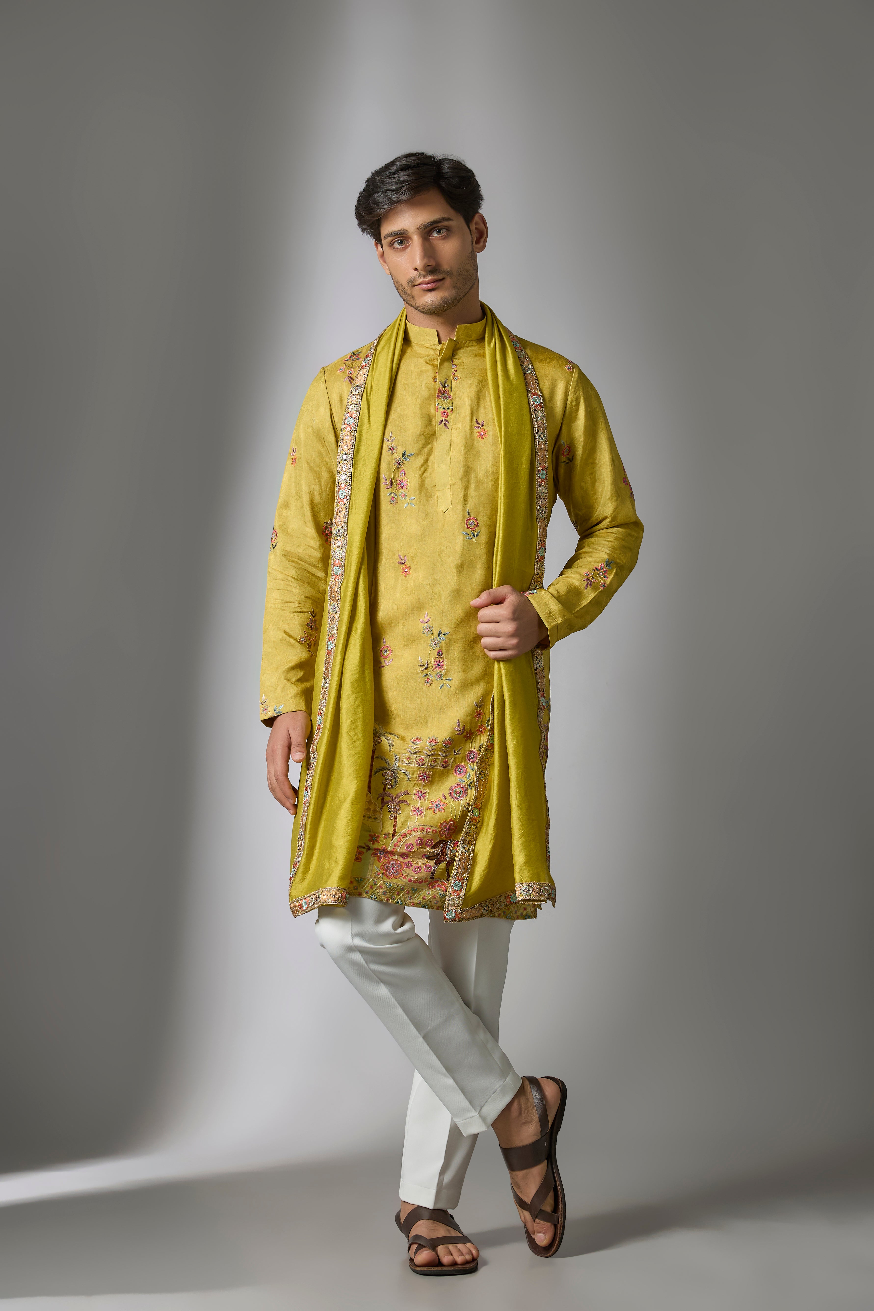 Yellow Cotton Silk Printed & Zari Embroidered Kurta Set