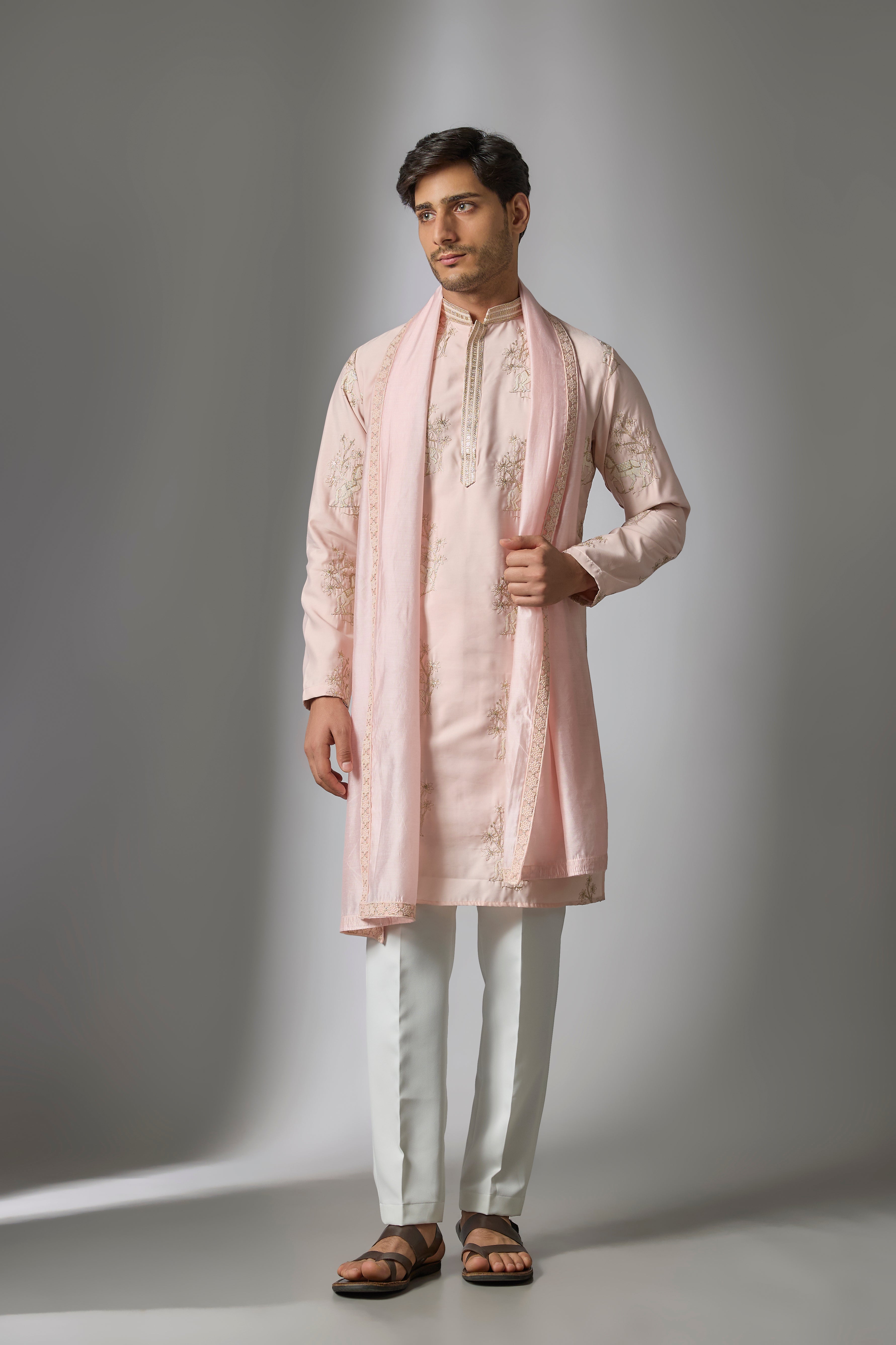 Light Pink Cotton Silk Zari Embroidered Kurta Set