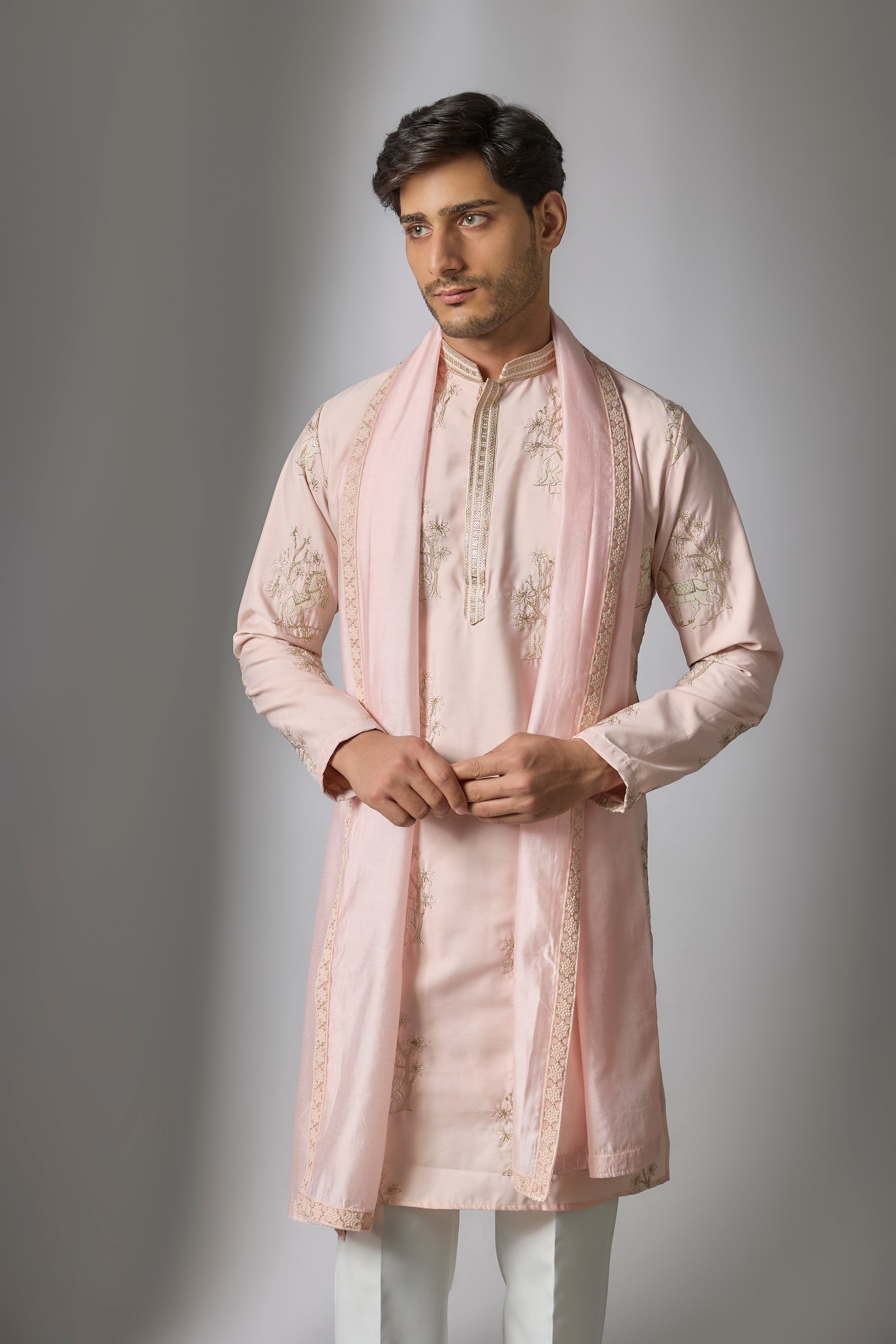 Abees Pink cotton silk zardosi kurta set - back view