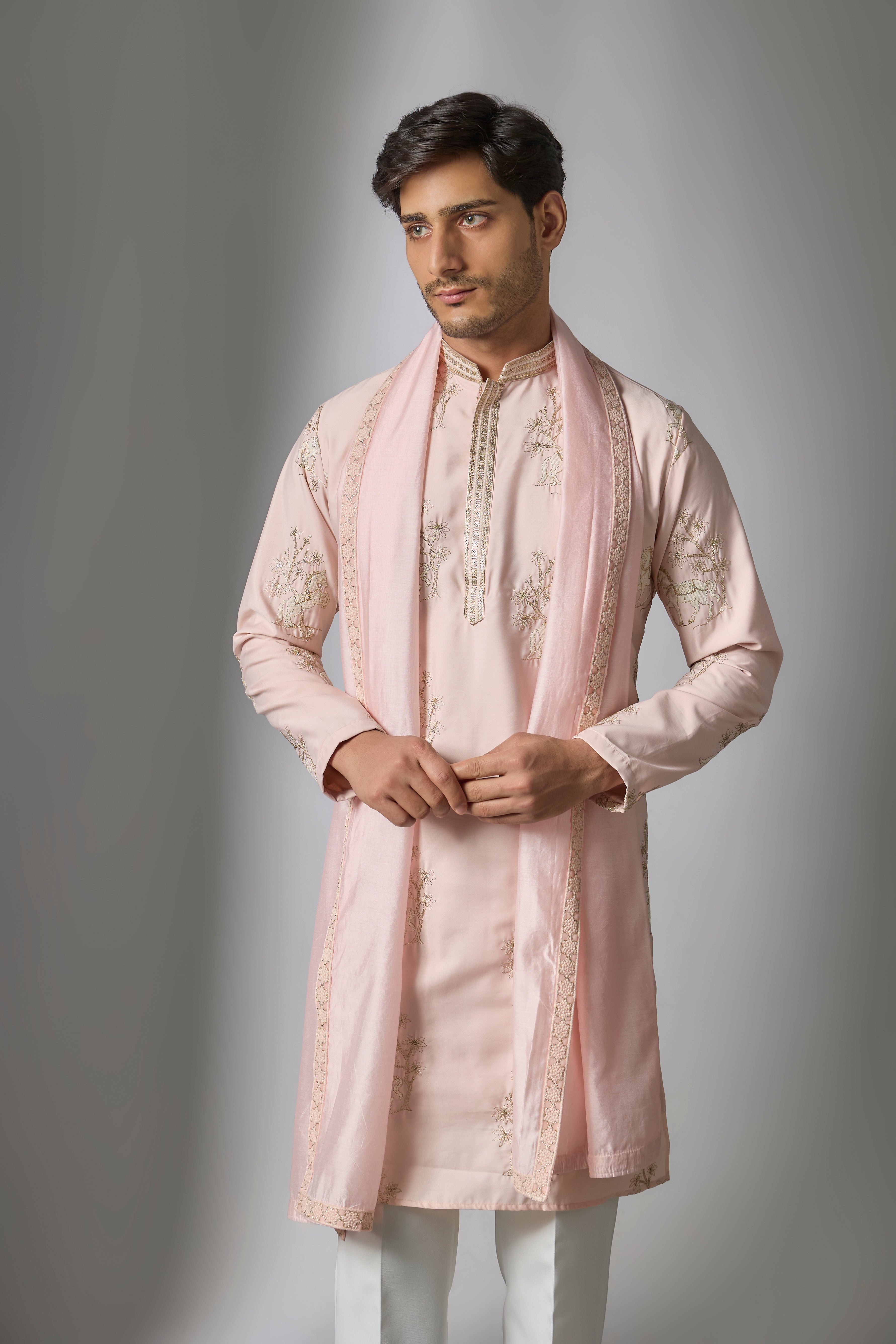Light Pink Cotton Silk Zari Embroidered Kurta Set