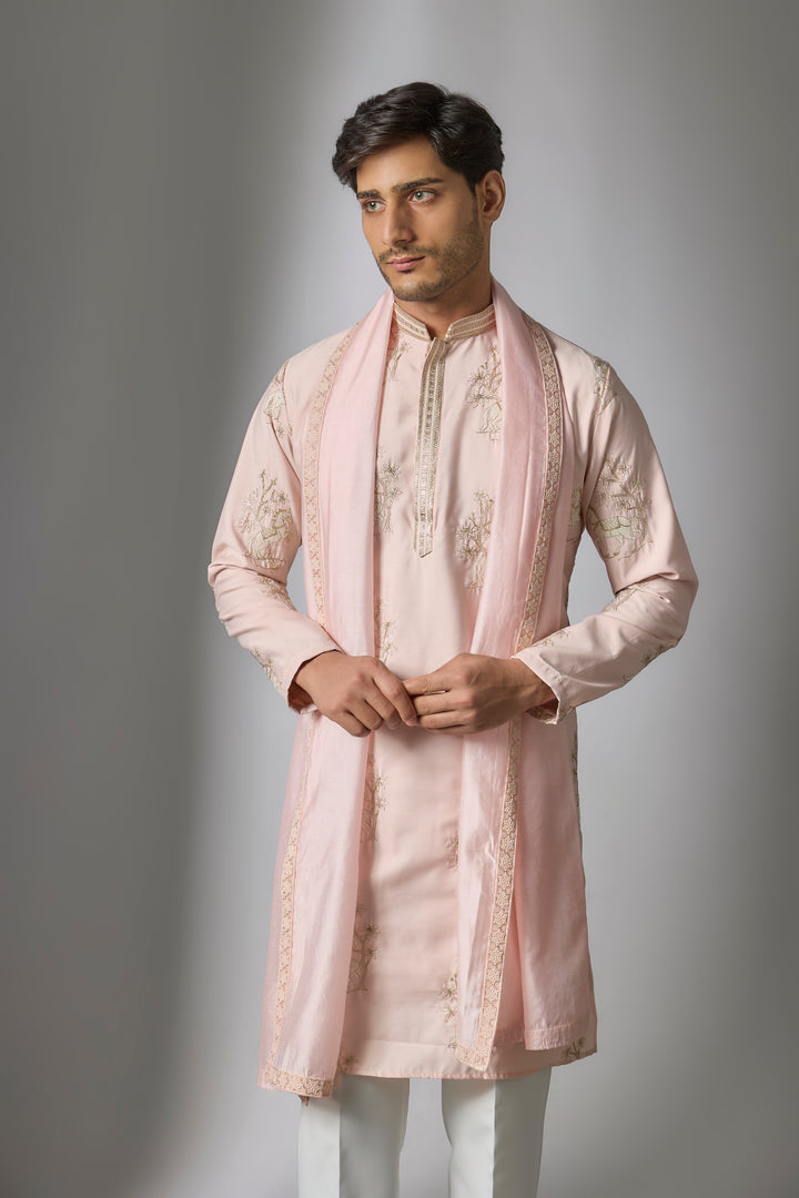 Abees Pink cotton silk zardosi kurta set - back view