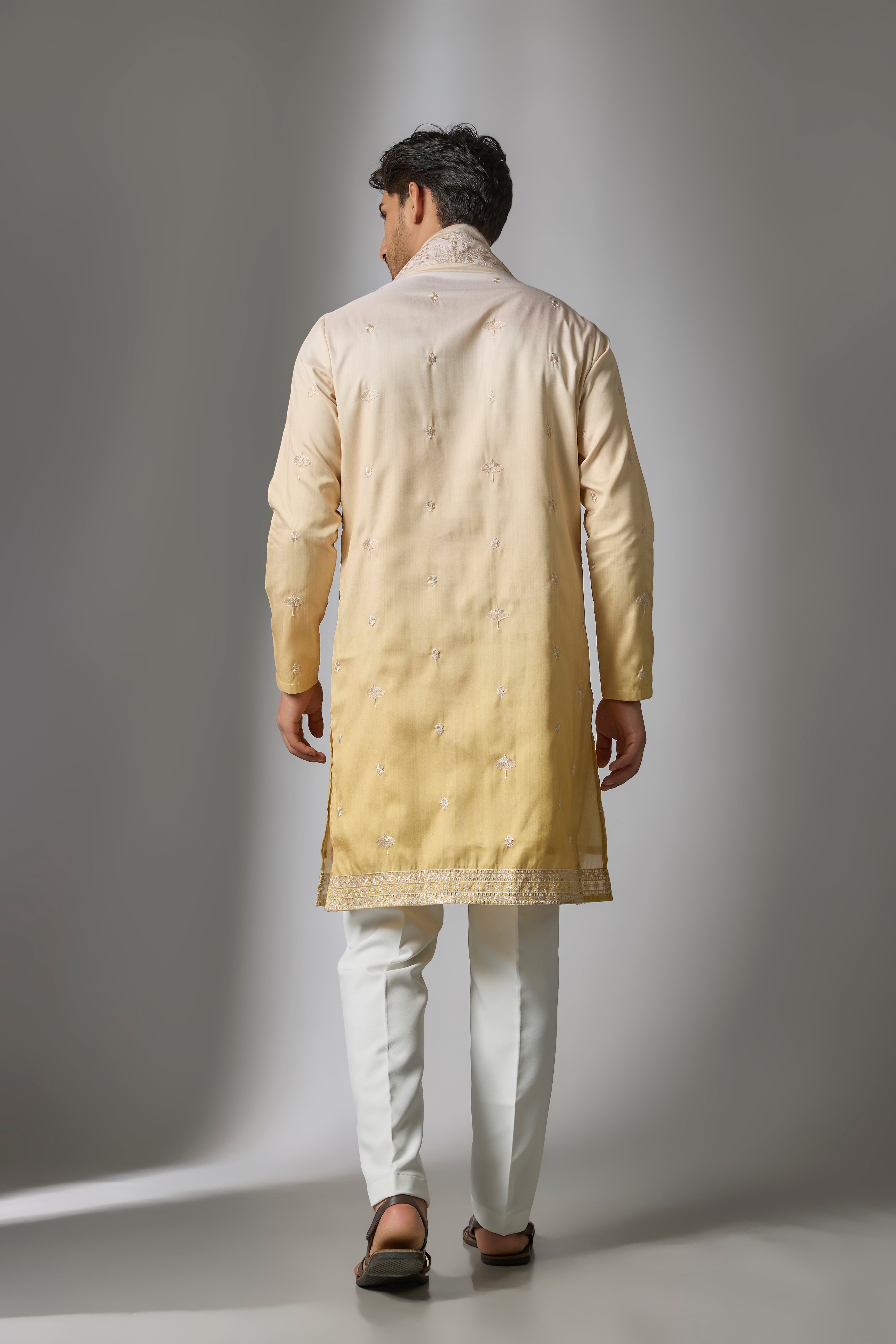 Yellow Ombre Cotton Silk Zari Embroidered Kurta Set