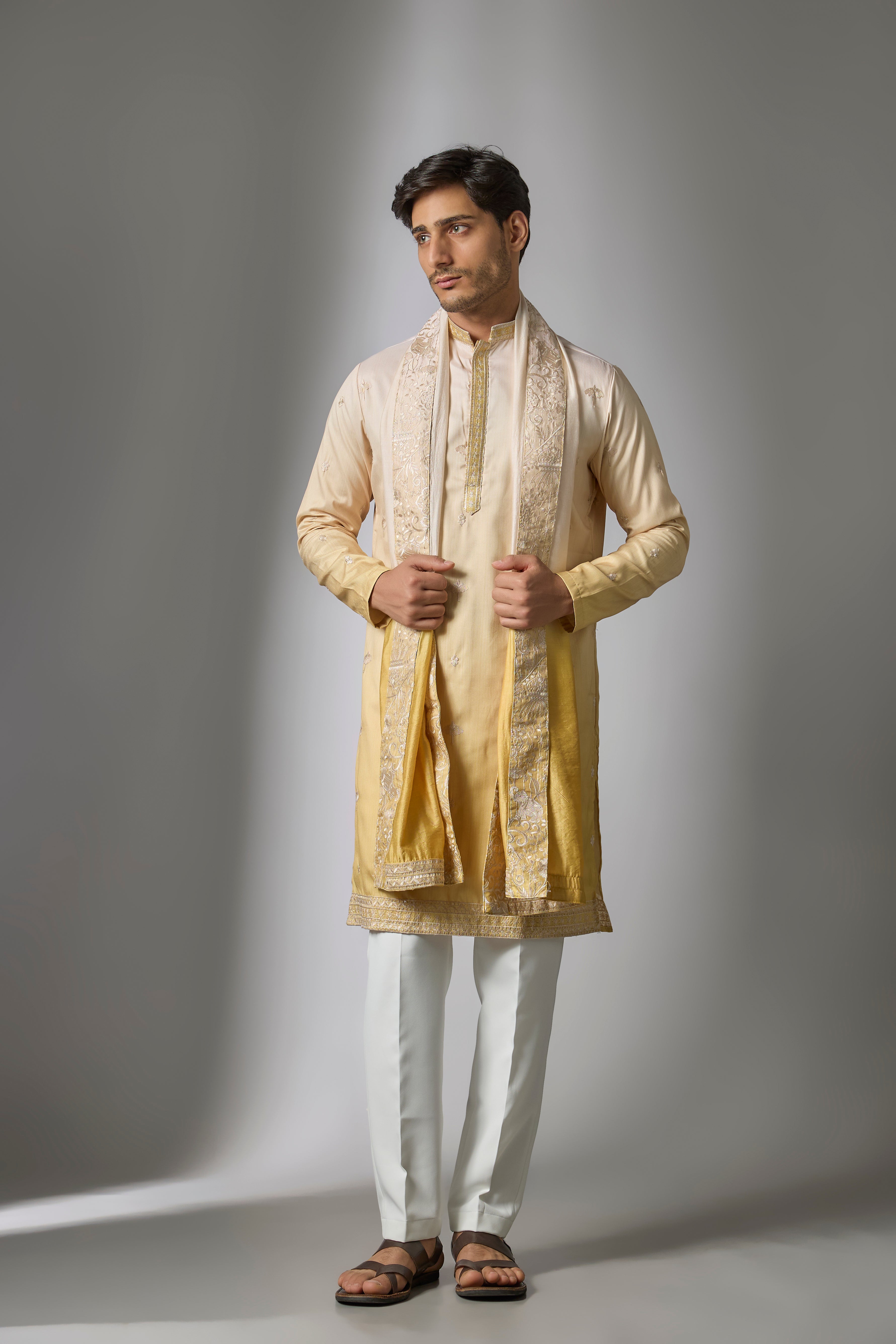 Yellow Ombre Cotton Silk Zari Embroidered Kurta Set