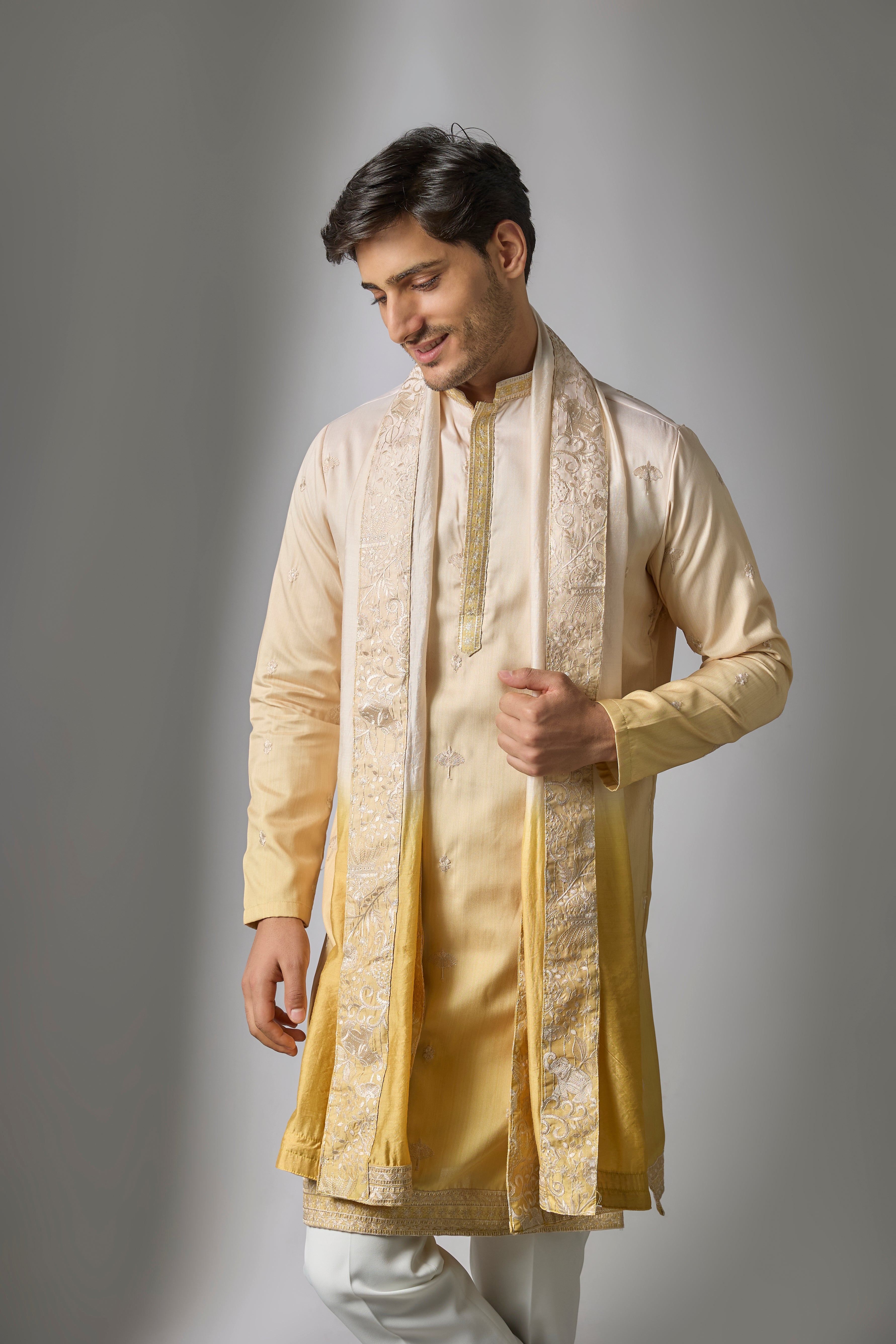 Yellow Ombre Cotton Silk Zari Embroidered Kurta Set