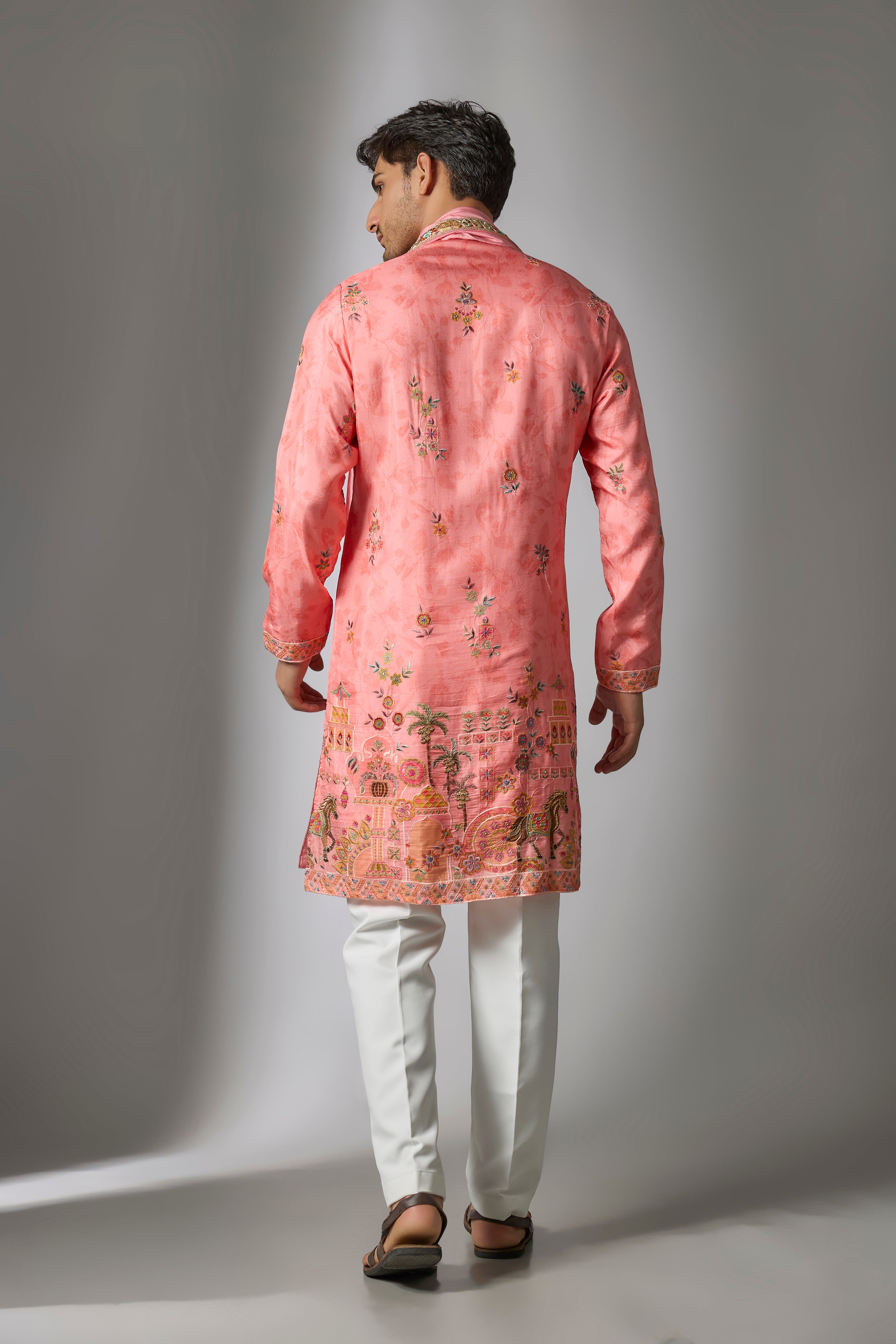 Peach Cotton Silk Printed & Zari Embroidered Kurta Set