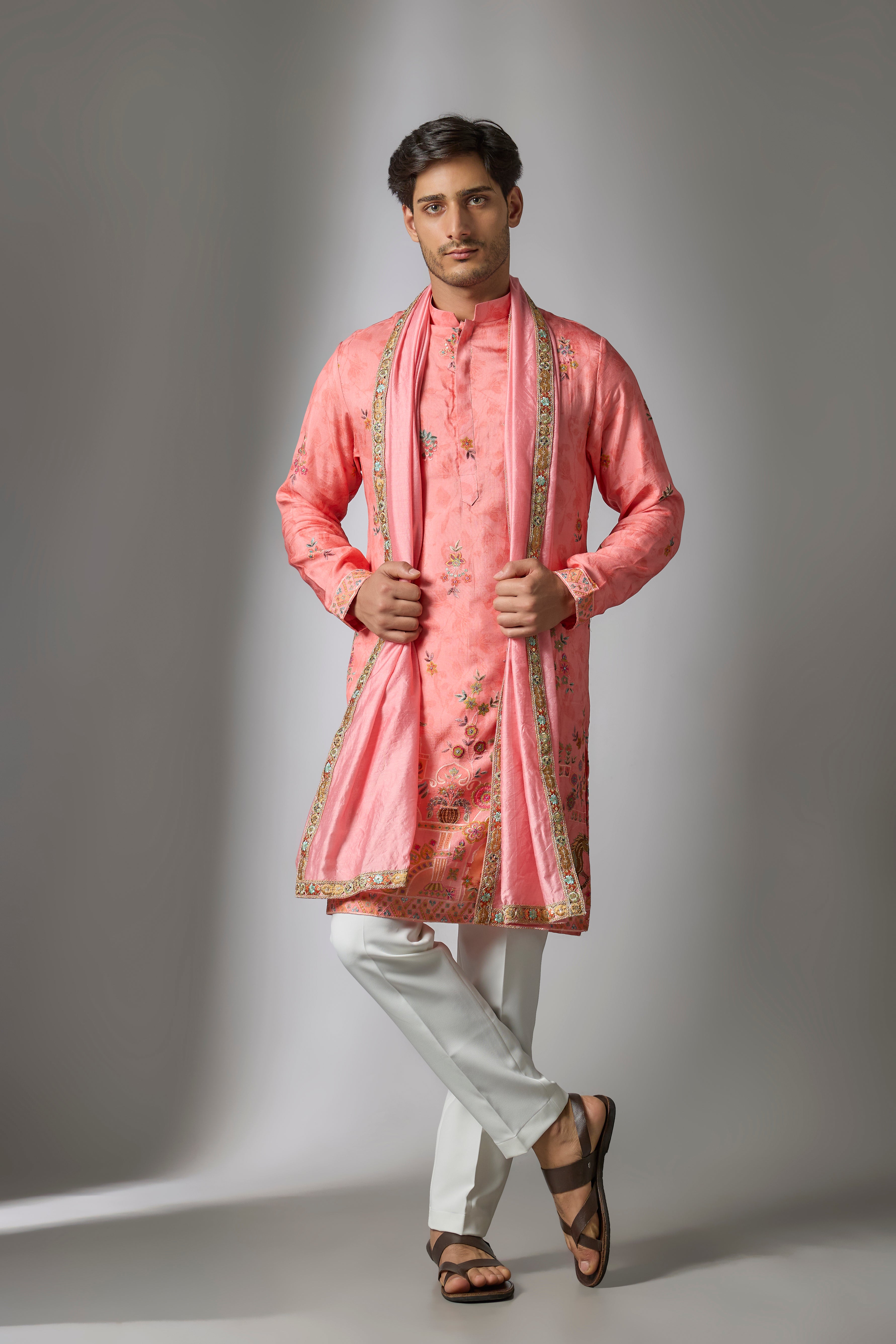 Peach Cotton Silk Printed & Zari Embroidered Kurta Set