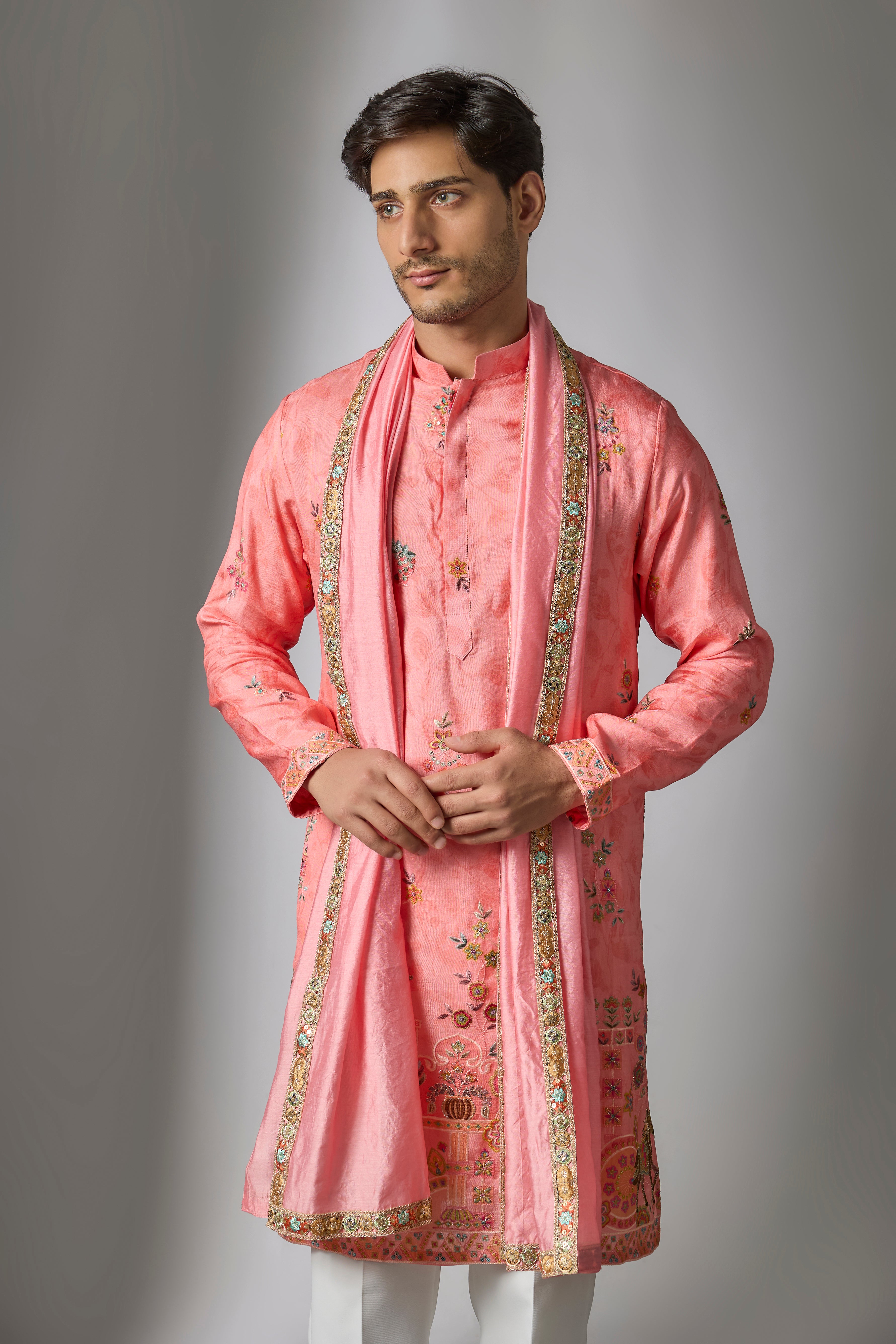 Peach Cotton Silk Printed & Zari Embroidered Kurta Set