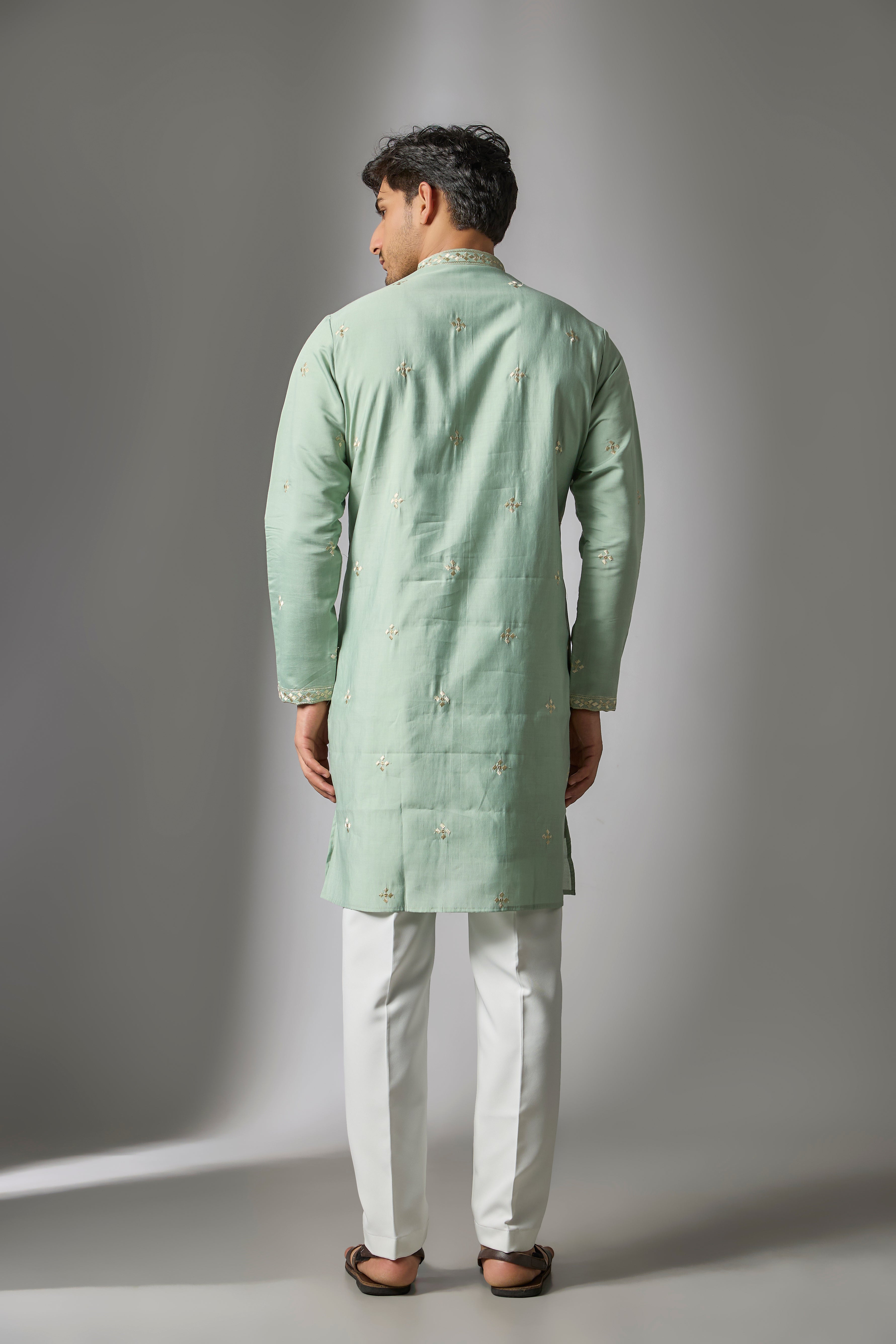Green Cotton Silk Printed & Zari Embroidered Kurta Set