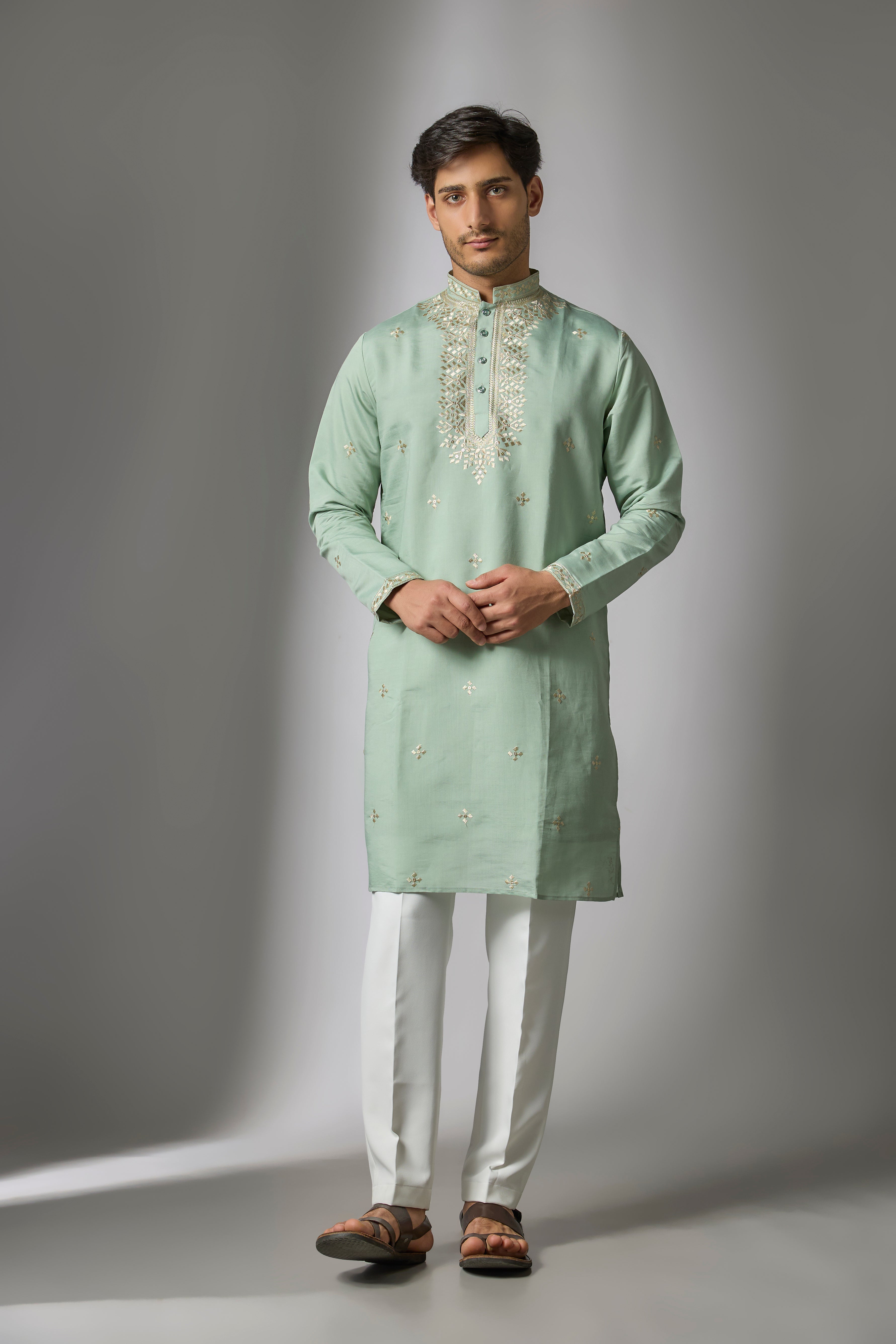 Green Cotton Silk Printed & Zari Embroidered Kurta Set