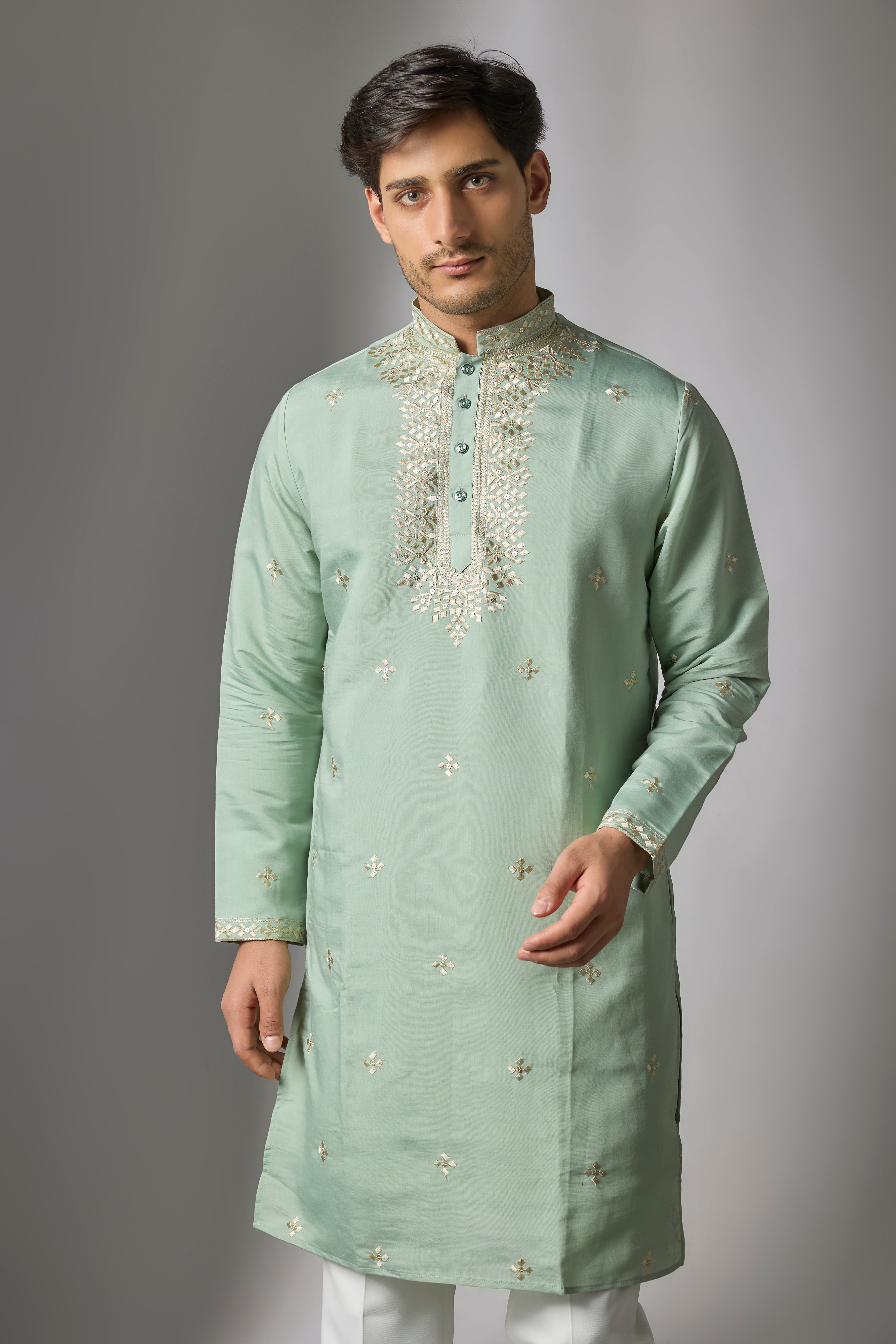 Green Cotton Silk Printed & Zari Embroidered Kurta Set
