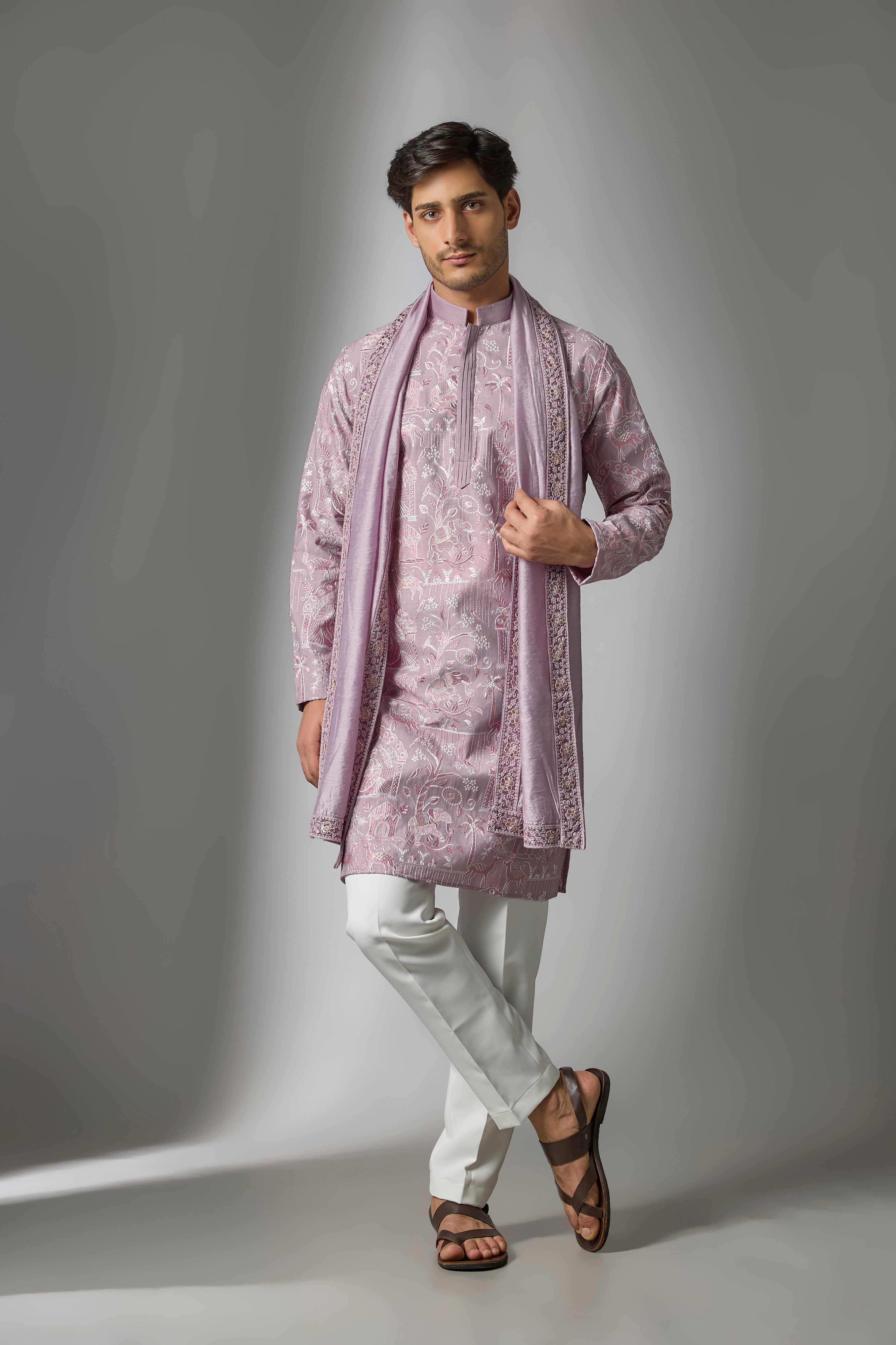Lavender Cotton Silk Thread Embroidered Kurta Set