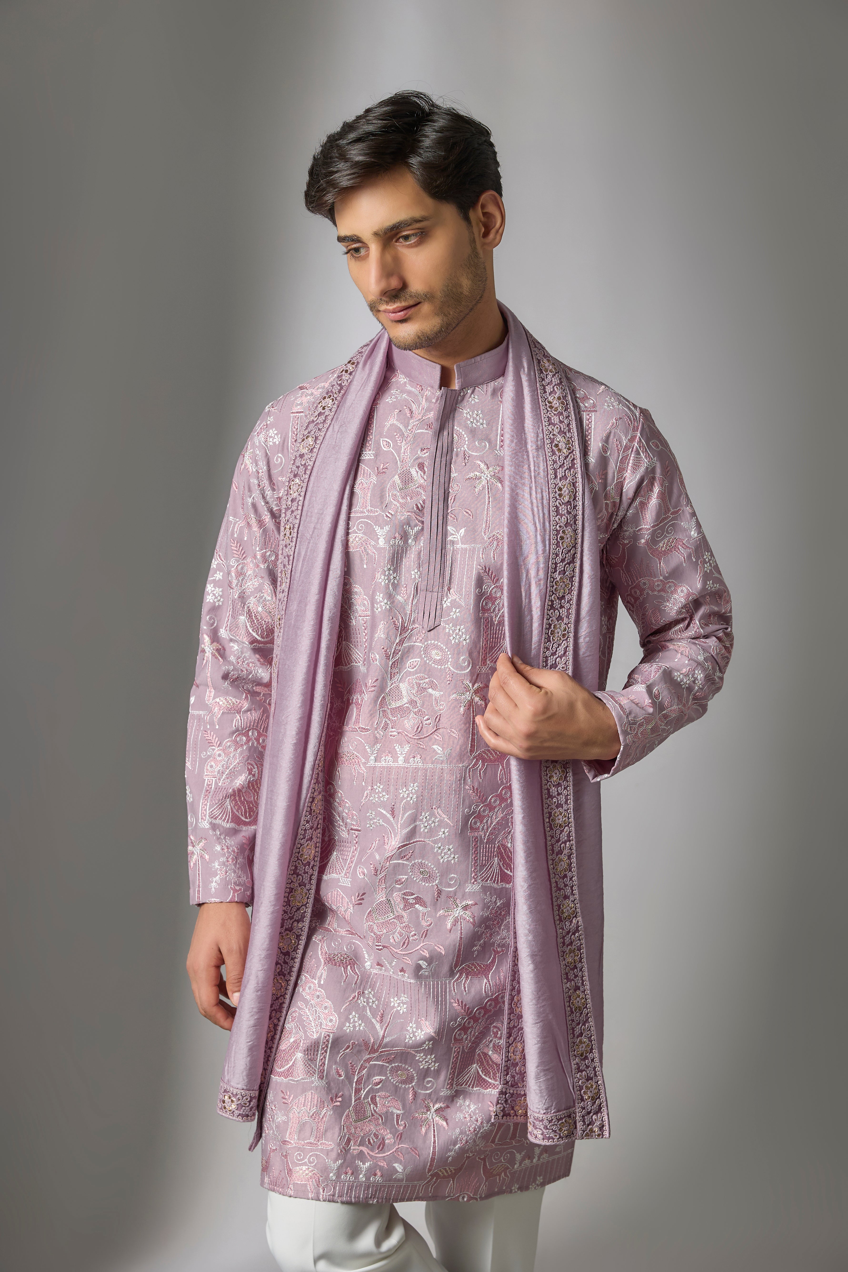 Lavender Cotton Silk Thread Embroidered Kurta Set