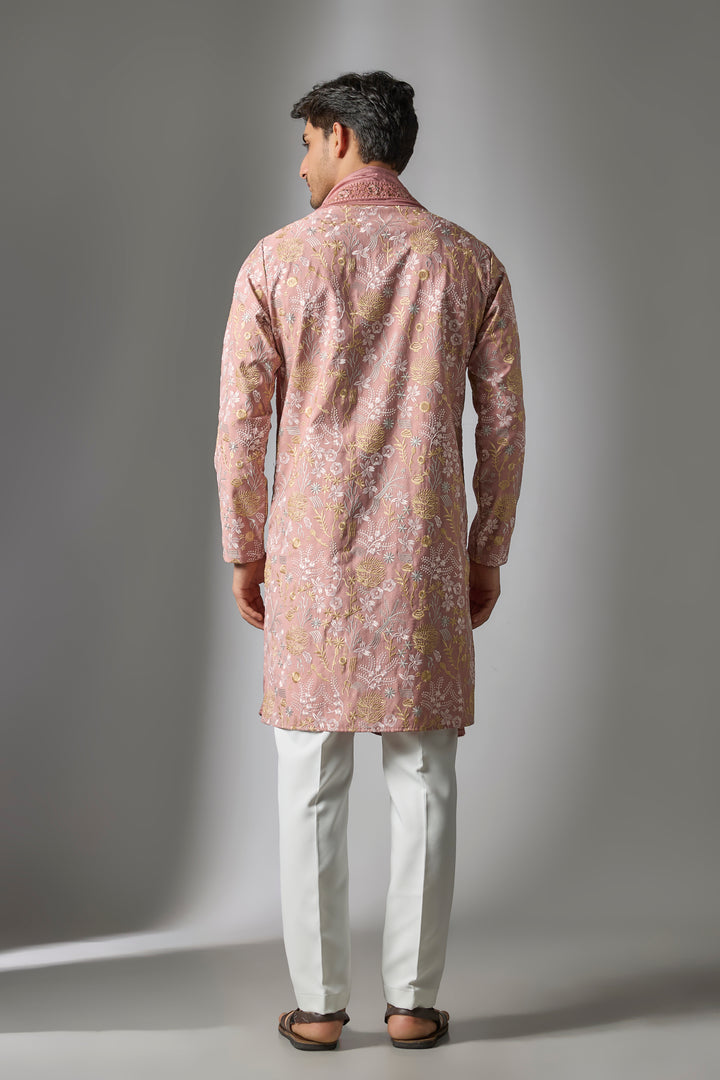 Abees Orange cotton silk threadwork kurta set - side view