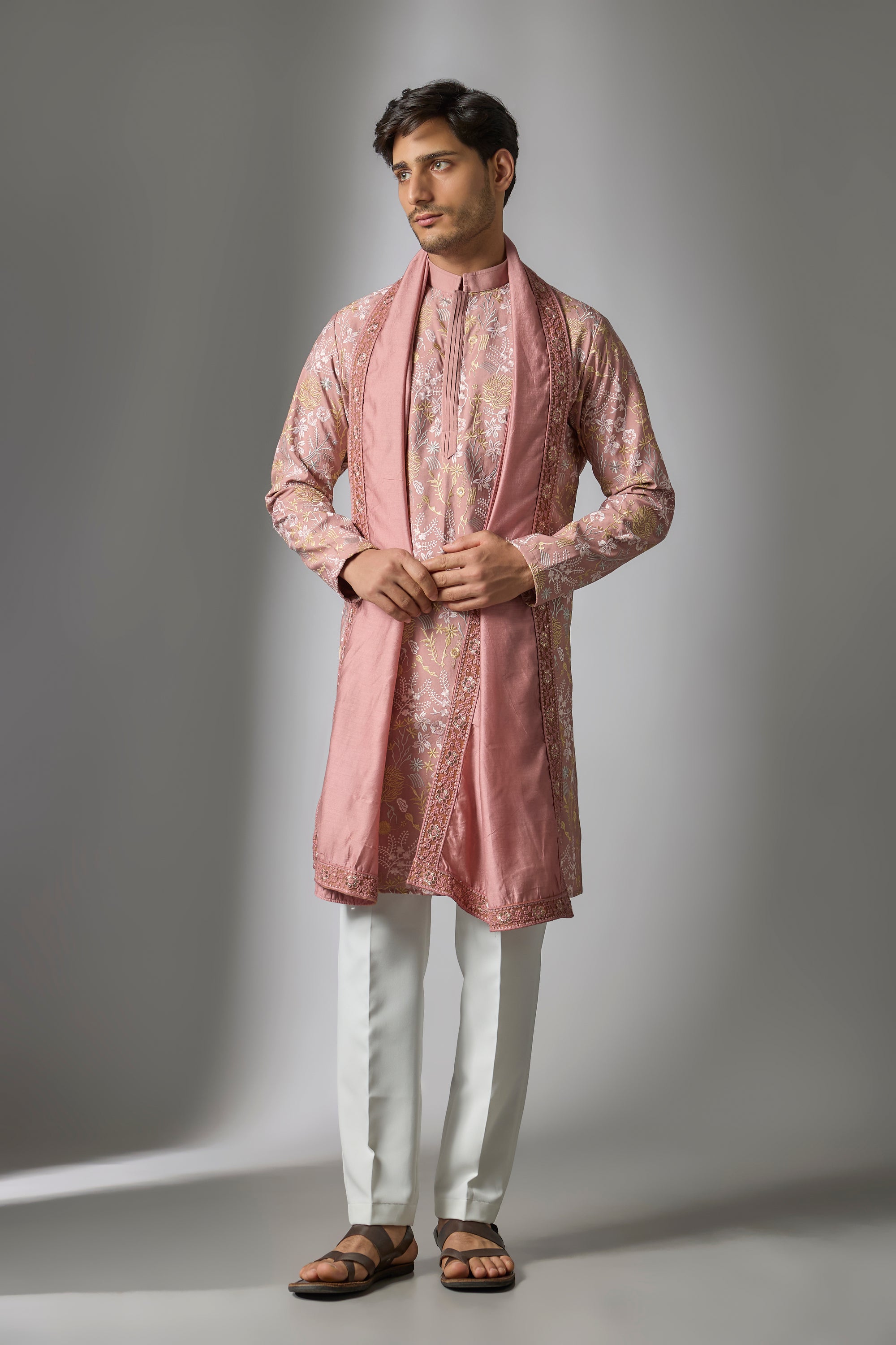 Abees Orange cotton silk threadwork kurta set - front view