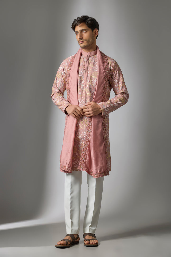 Abees Orange cotton silk threadwork kurta set - front view