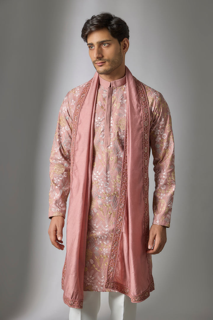 Abees Orange cotton silk threadwork kurta set - back view