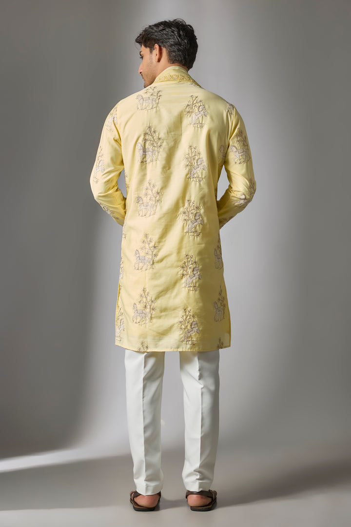 Abees Yellow cotton silk threadwork kurta set - side view