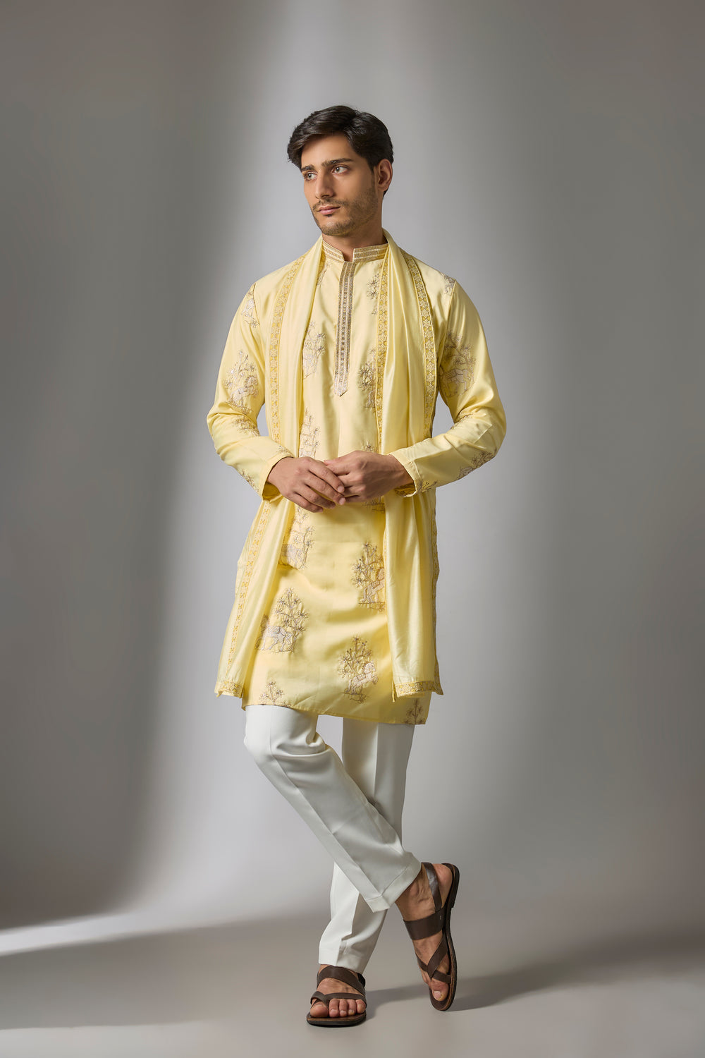 Abees Yellow cotton silk threadwork kurta set - front view