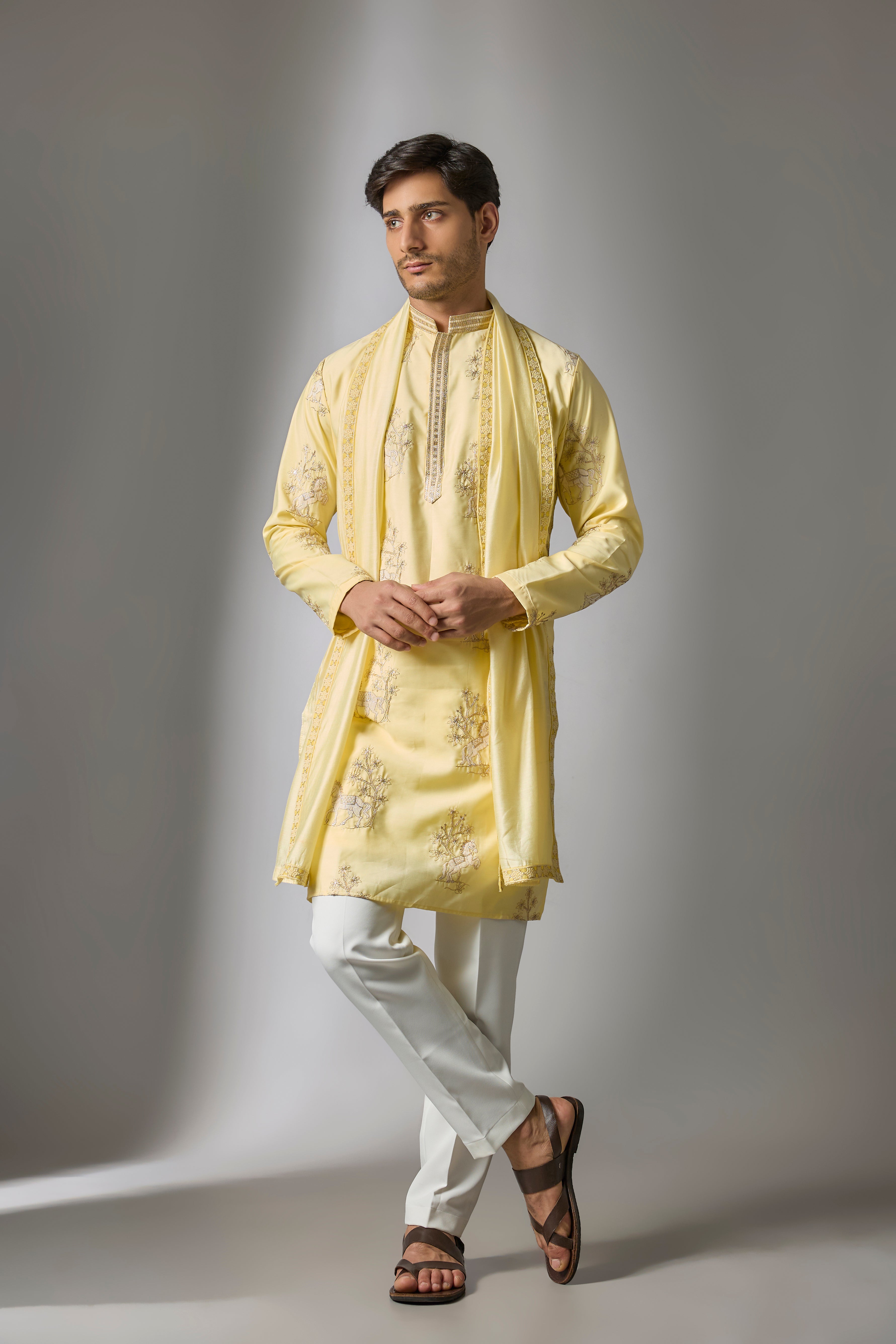 Yellow Cotton Silk Thread Embroidered Kurta Set