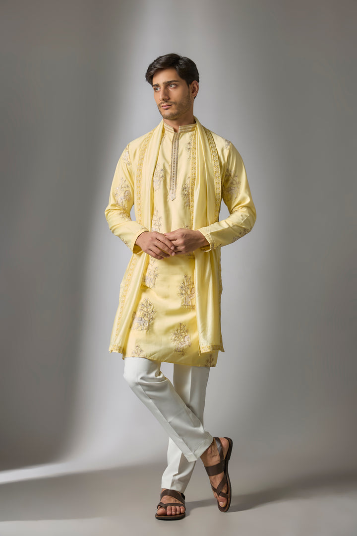 Abees Yellow cotton silk threadwork kurta set - front view