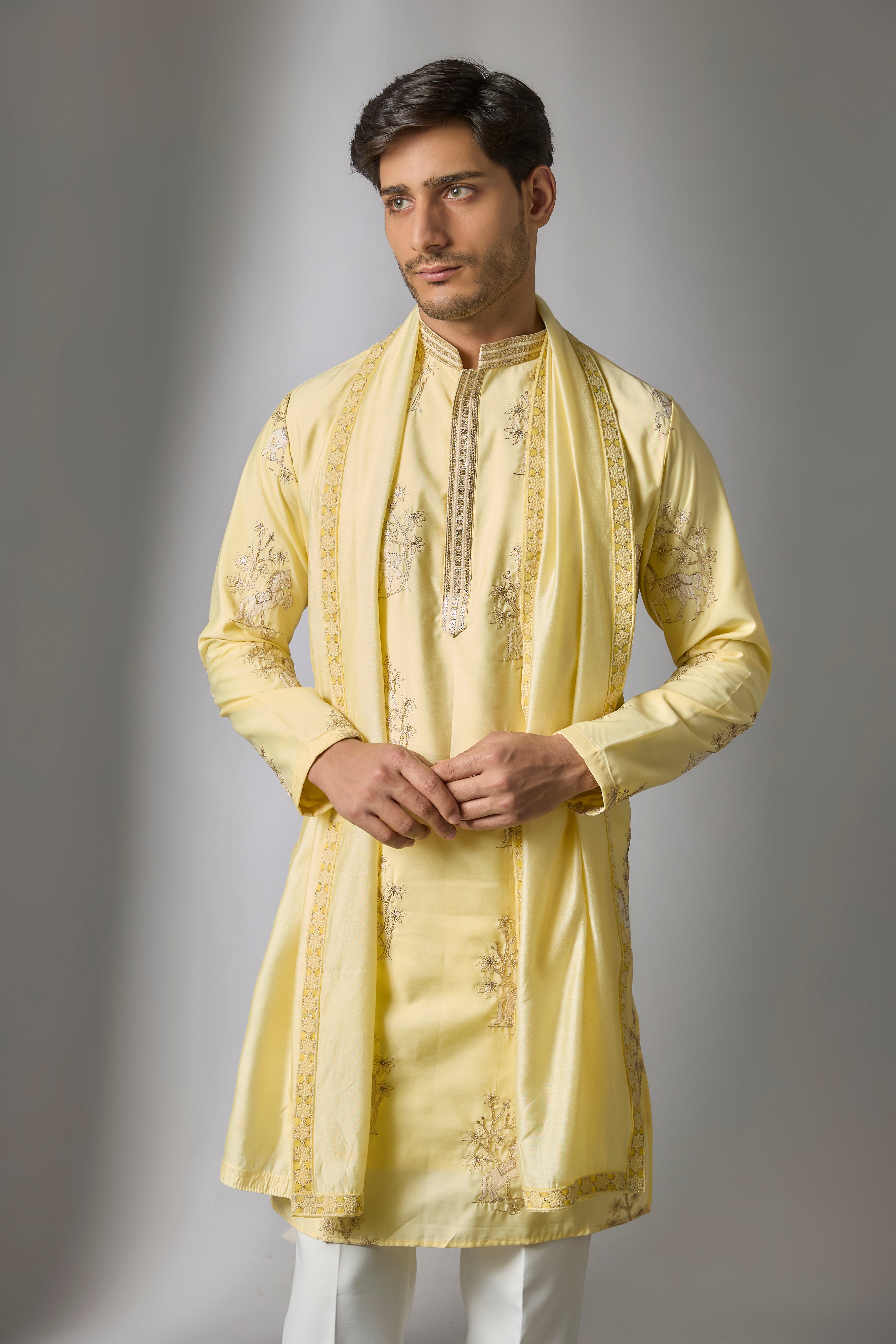Yellow Cotton Silk Thread Embroidered Kurta Set