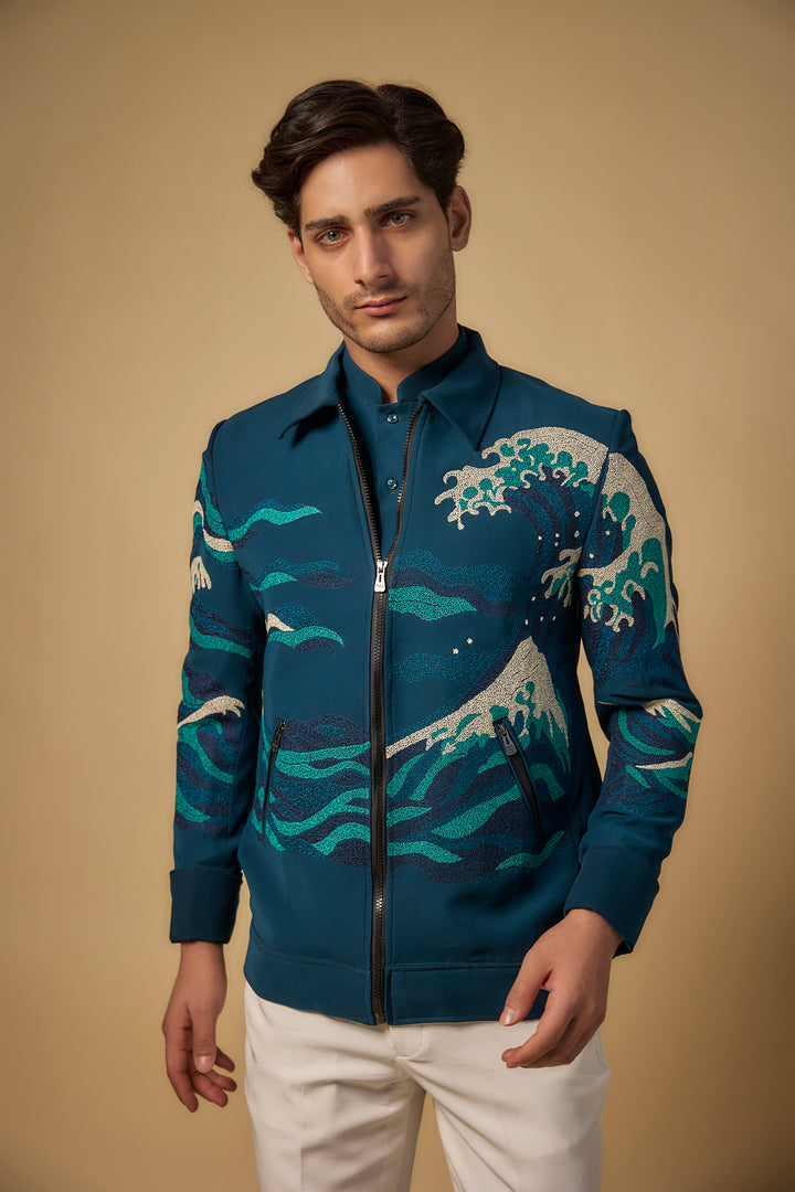 Abees Green viscose embroidered indo-western bomber jacket set - front view