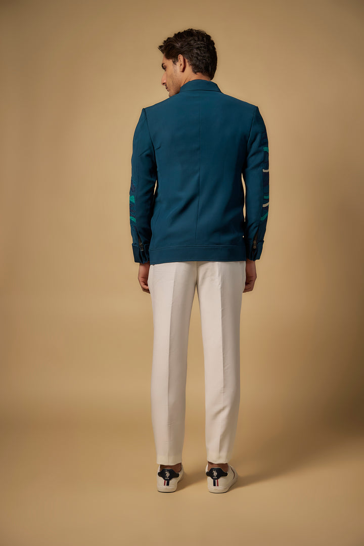 Abees Green viscose embroidered indo-western bomber jacket set - side view