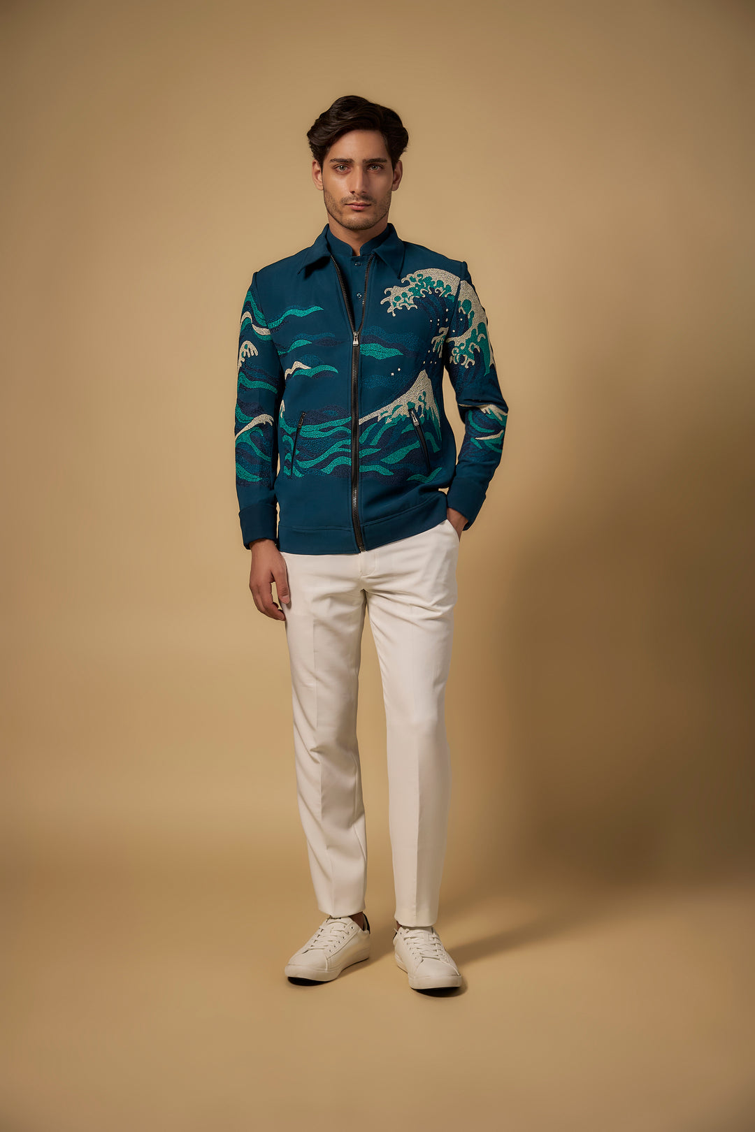 Abees Green viscose embroidered indo-western bomber jacket set - back view
