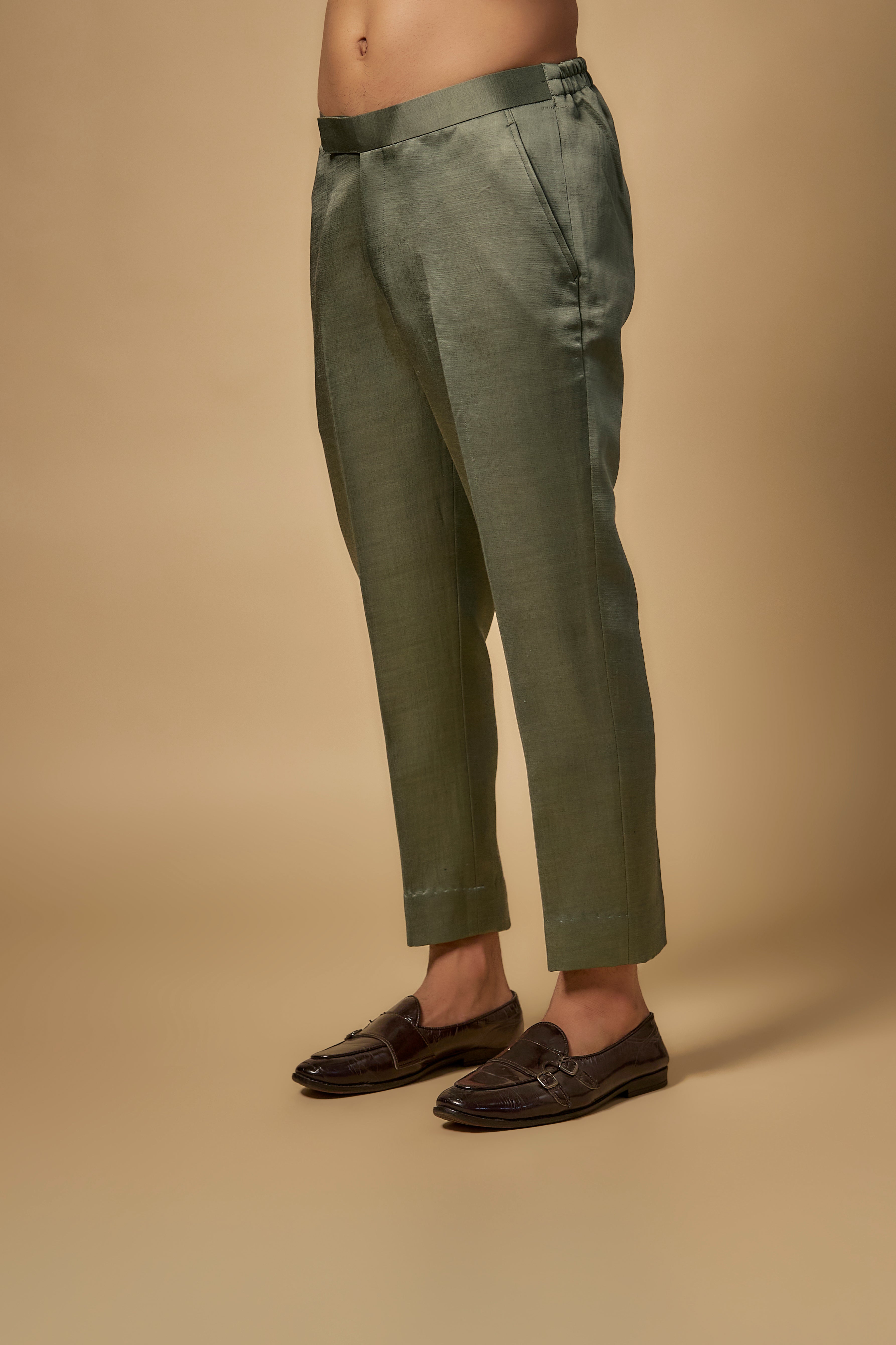 Green Linen Silk Zari Handwork Open Sherwani Set