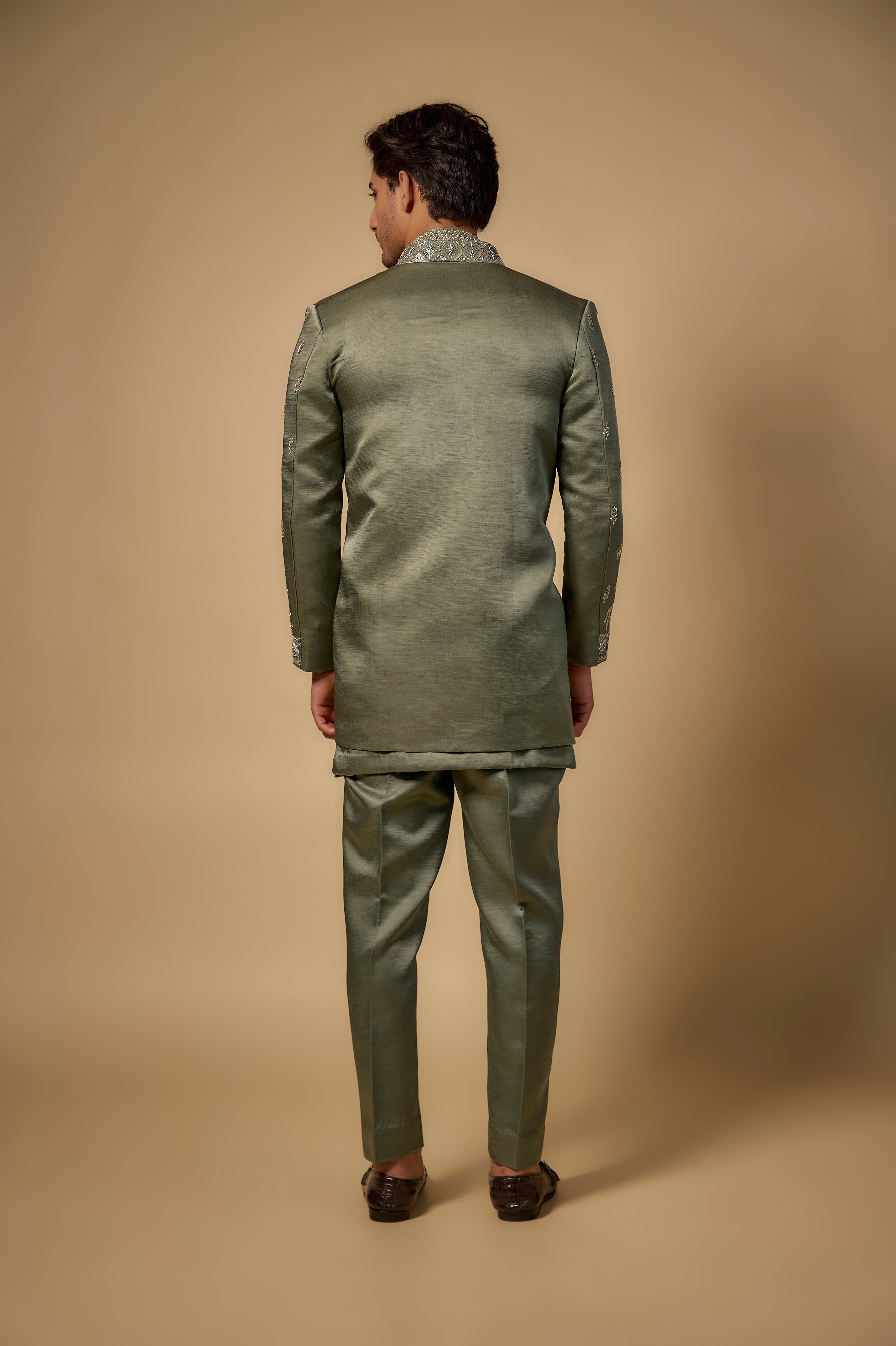 Green Linen Silk Zari Handwork Open Sherwani Set