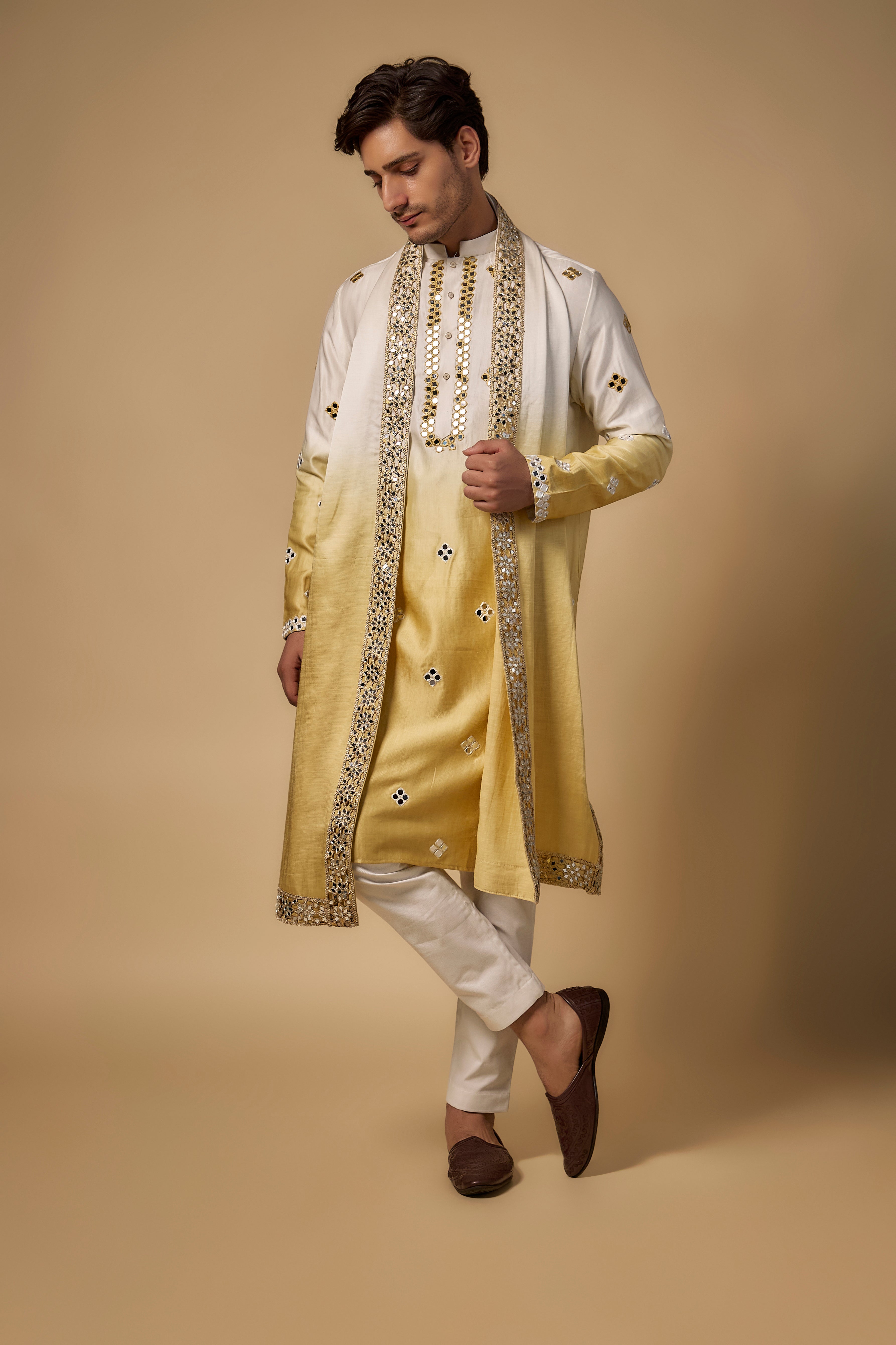 Gold-White Ombre Linen Silk Mirror Cutwork Kurta Set