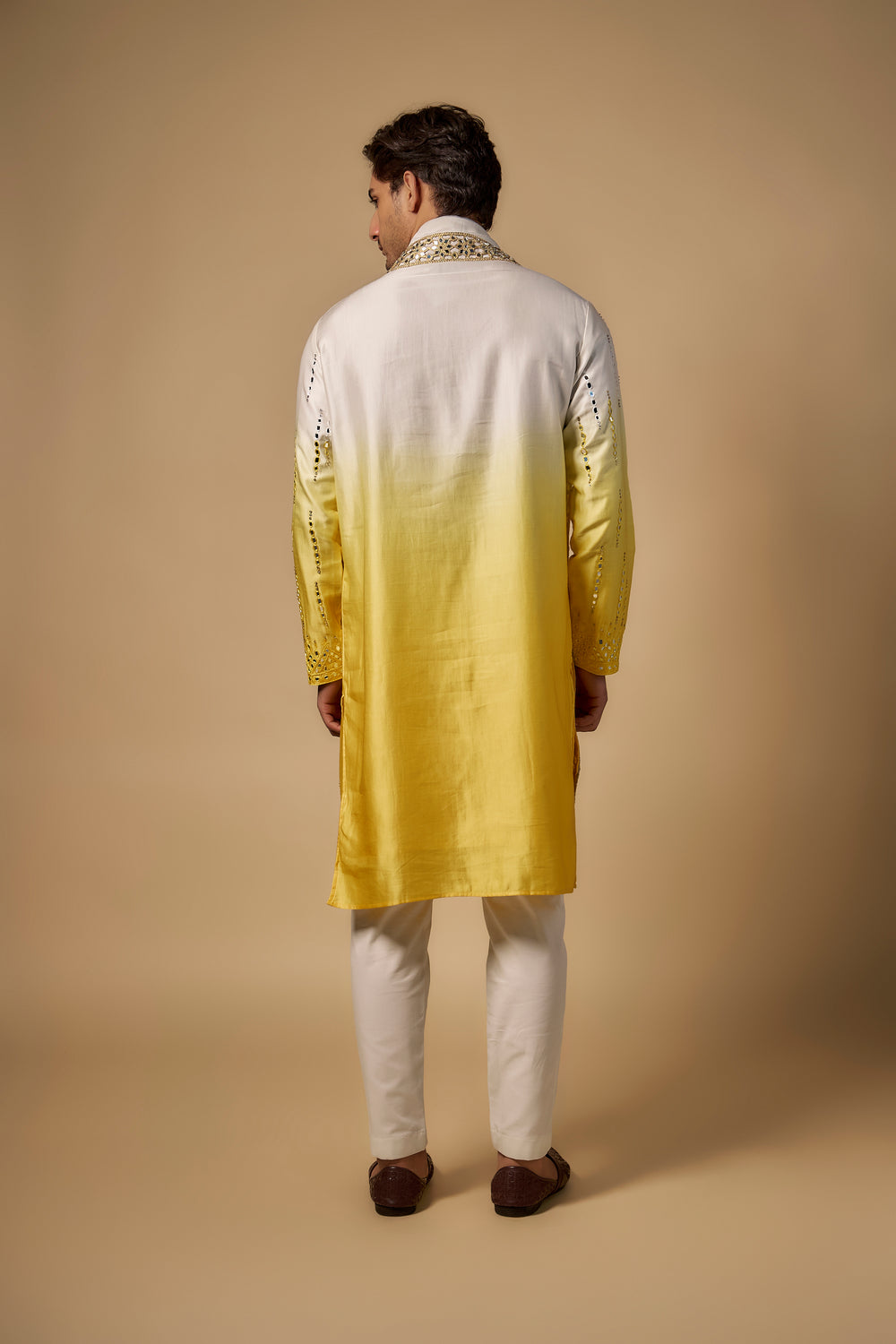 Abees Yellow linen mirrorwork kurta set ombre - side view