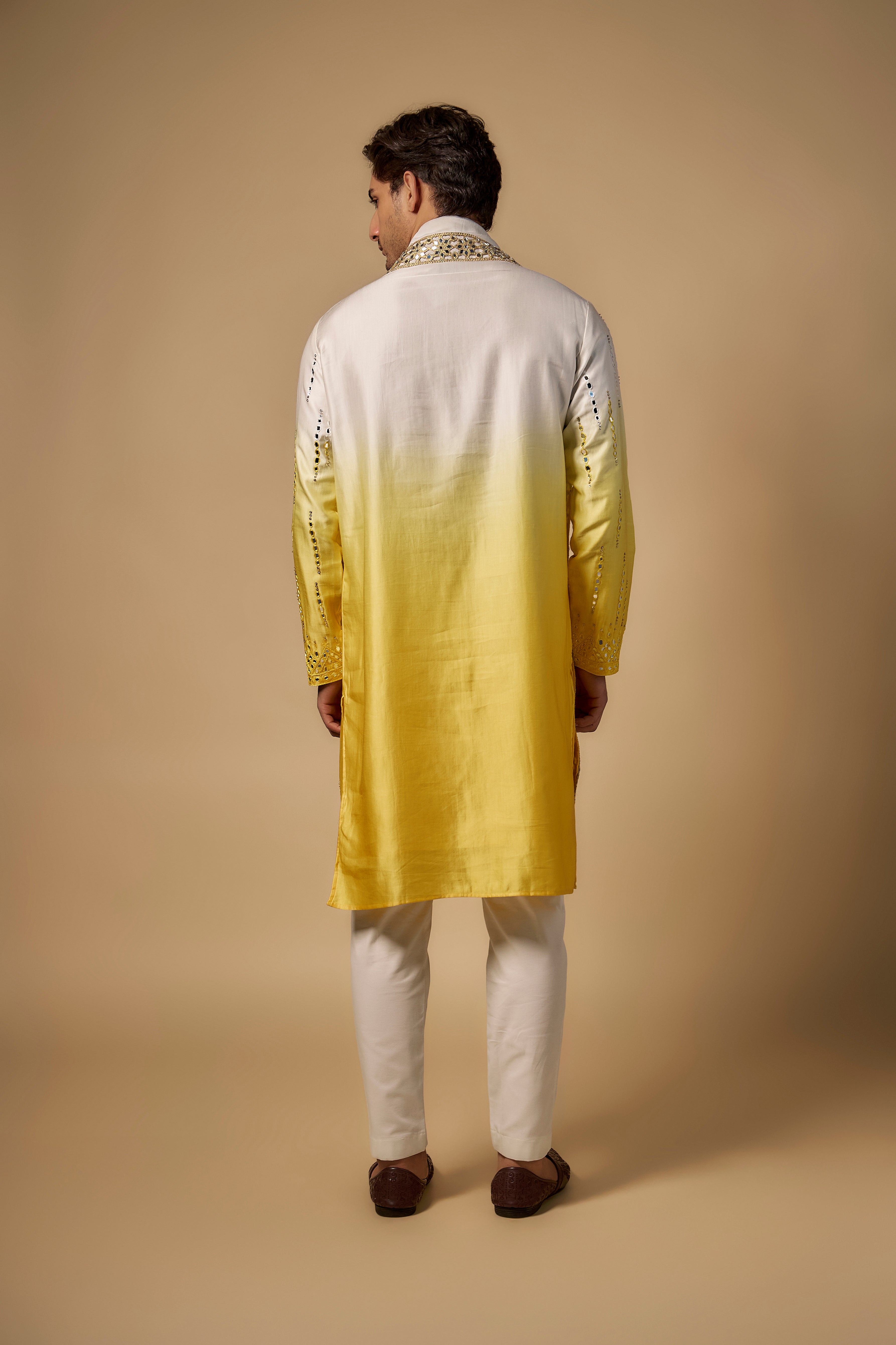Yellow-White Ombre Linen Silk Mirror Cutwork Kurta Set