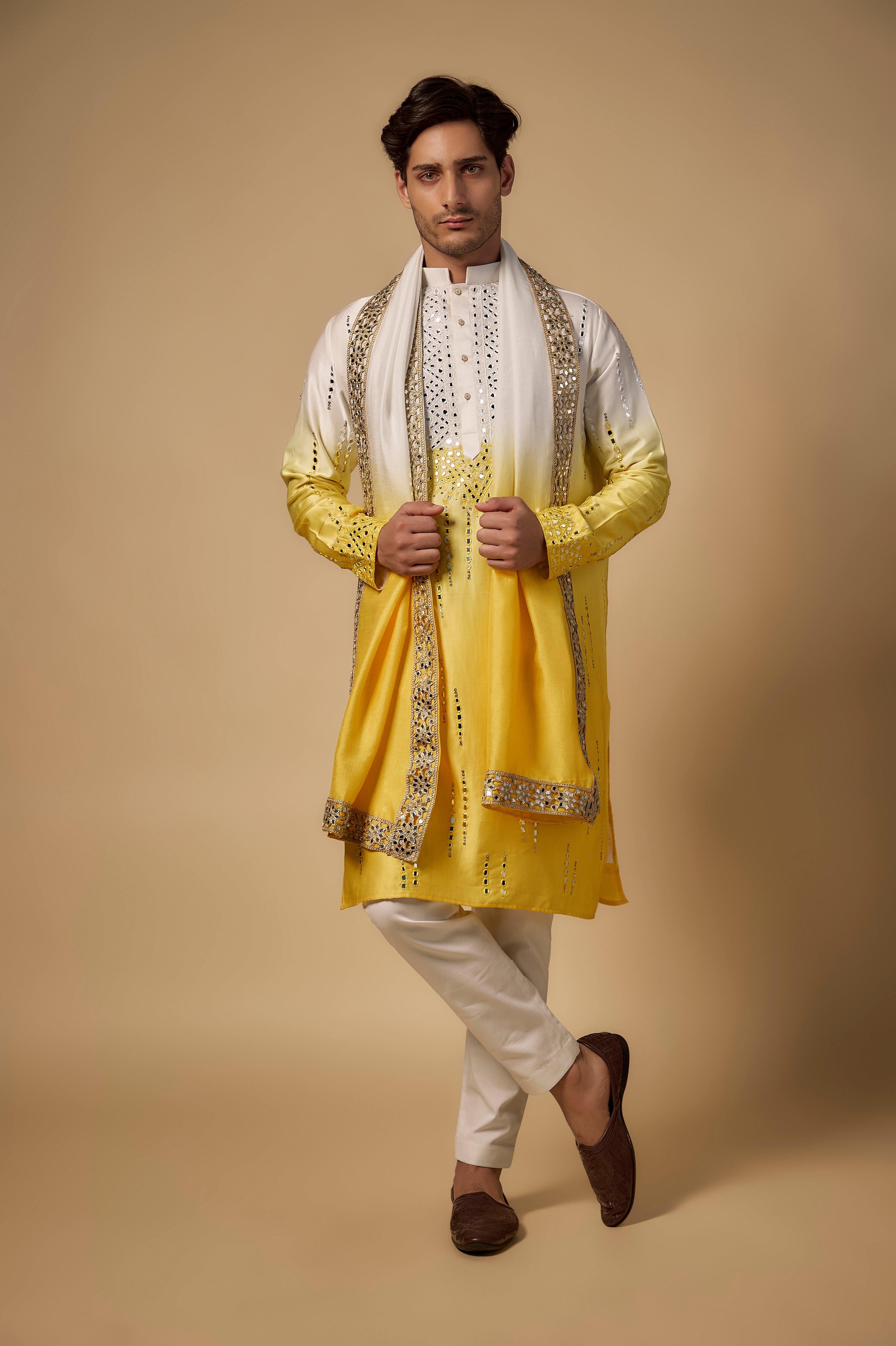 Yellow-White Ombre Linen Silk Mirror Cutwork Kurta Set