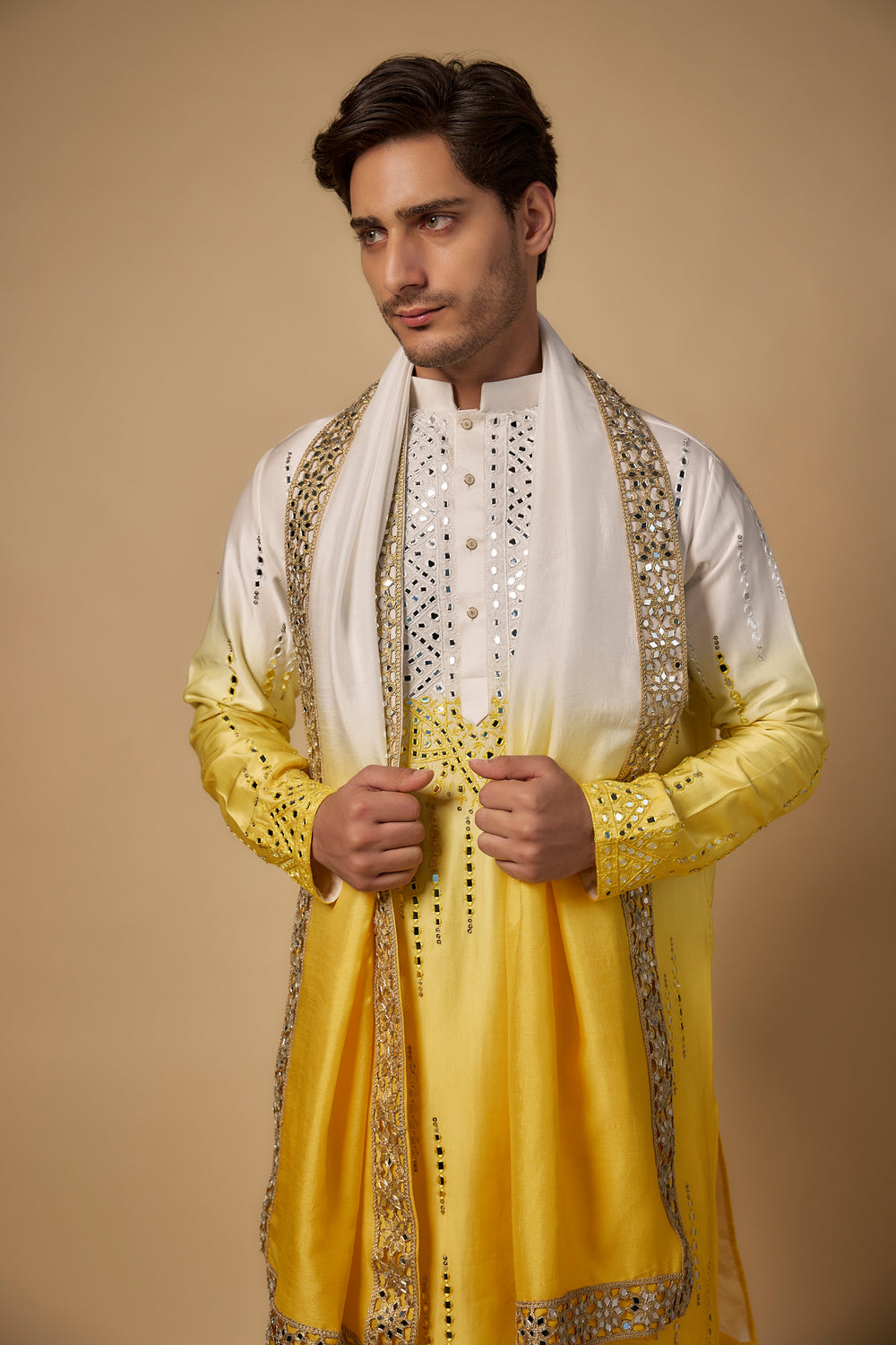 Abees Yellow linen mirrorwork kurta set ombre - back view