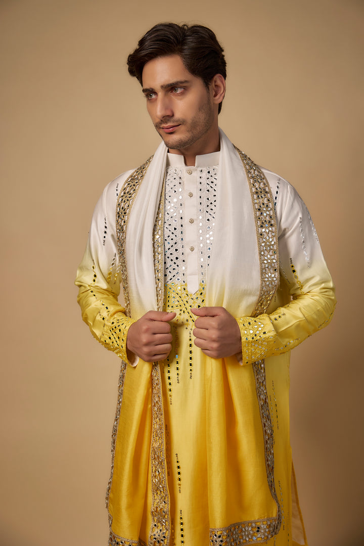 Abees Yellow linen mirrorwork kurta set ombre - back view